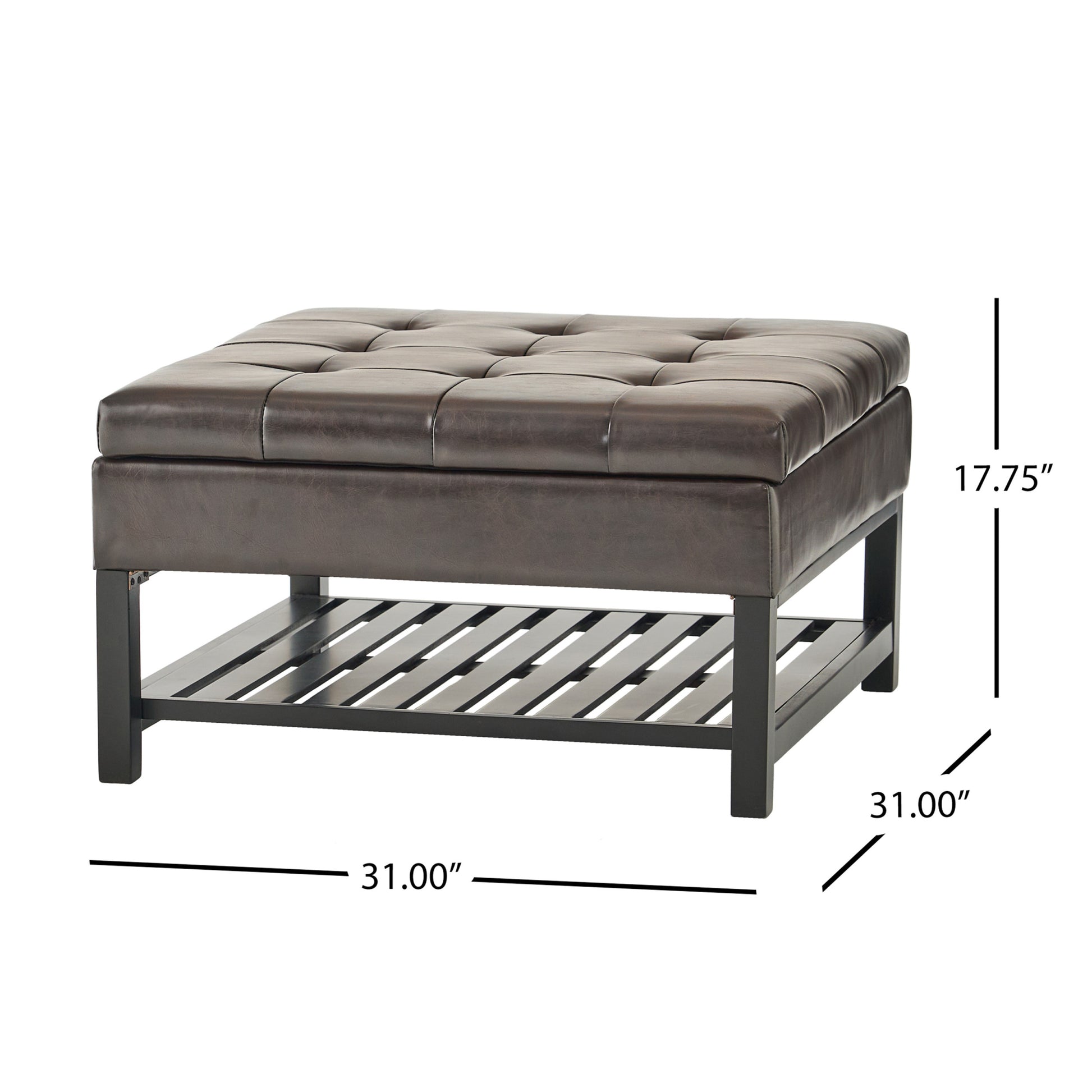 Square Ottoman With Storage And Bottom Rack Brown Pu
