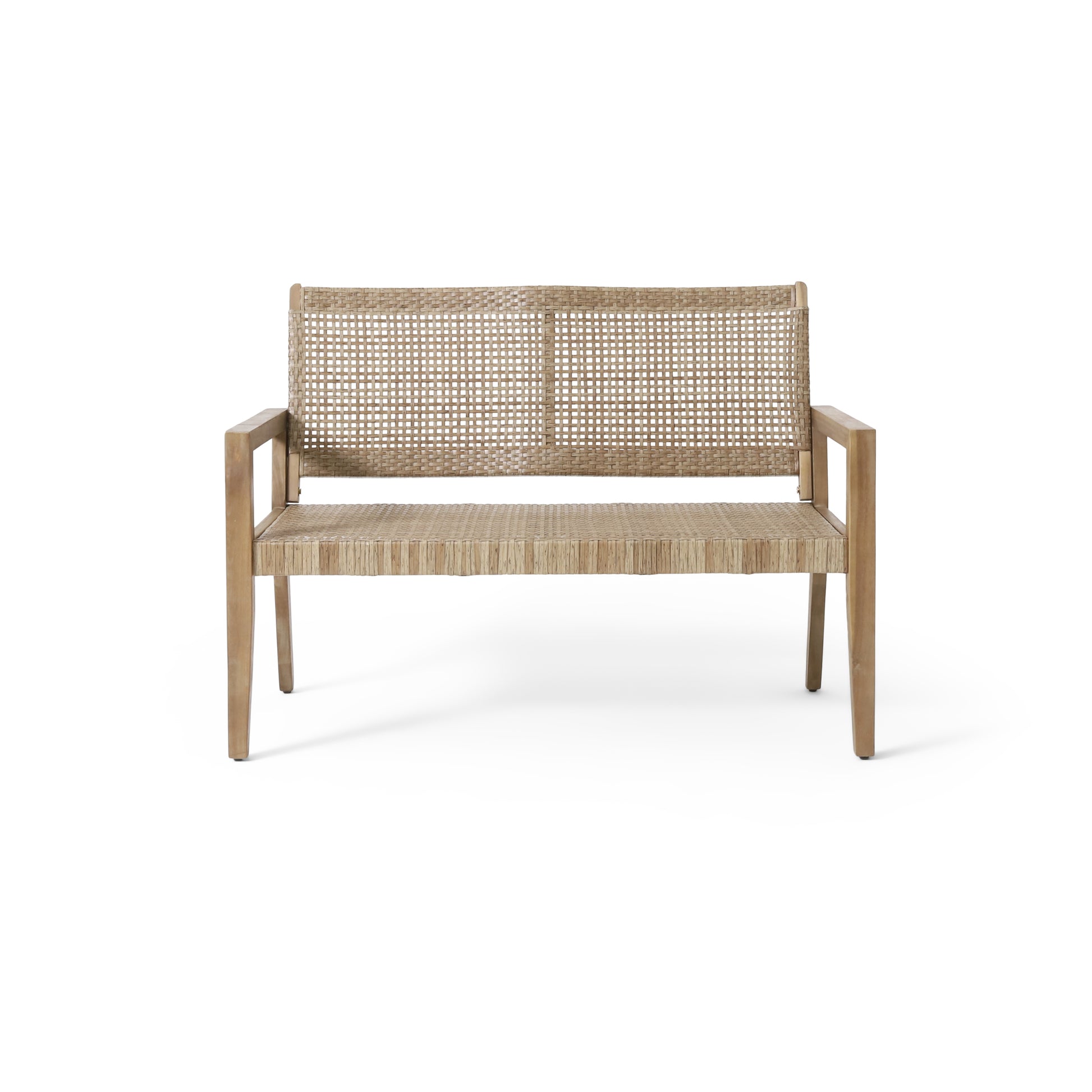 Outdoor Wicker And Acacia Wood Loveseat, Light Multibrown And Light Brown, 34'' H X 46.5'' W X 27.25'' D Brown Acacia Wood