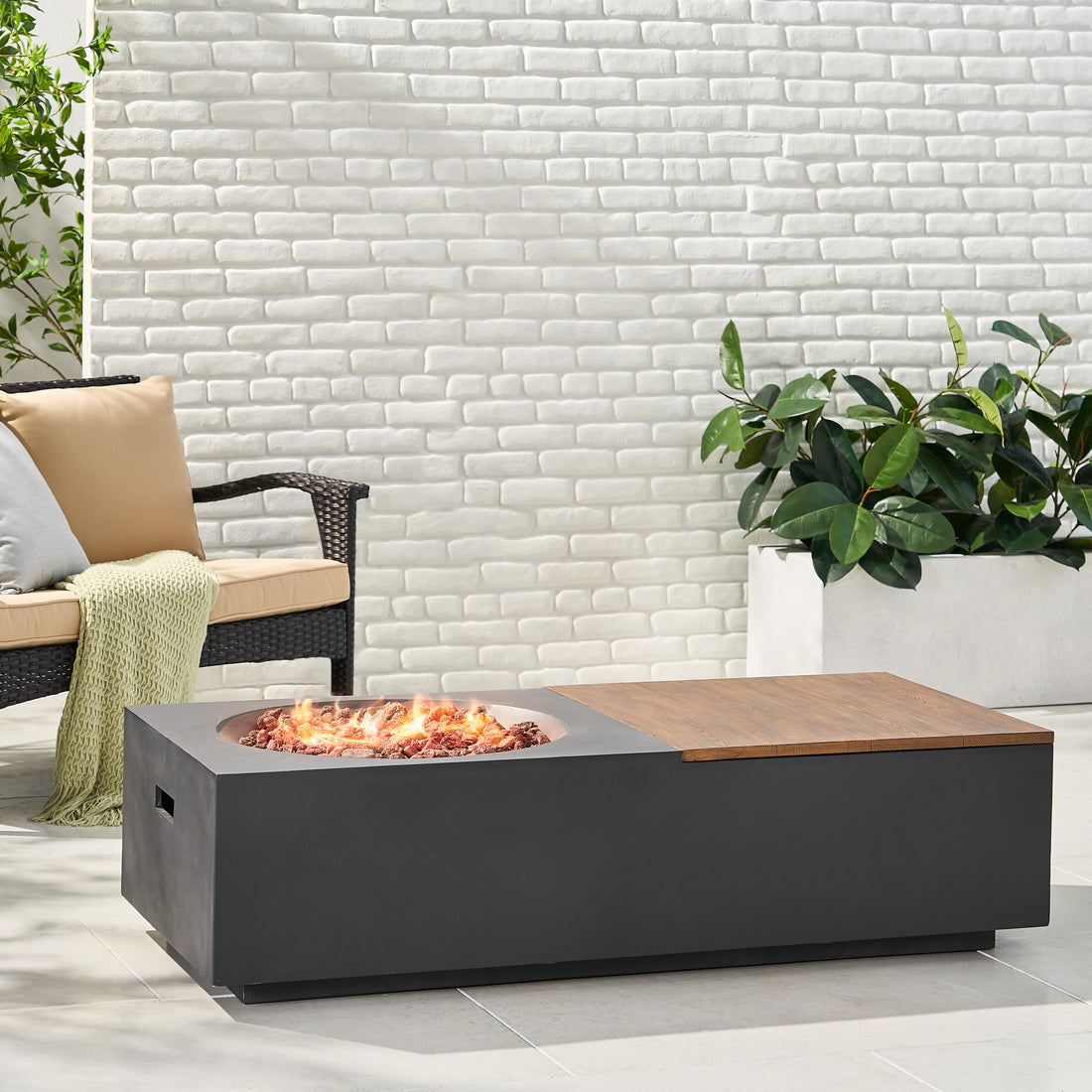 Outdoor 50,000 Btu Lightweight Concrete Rectangular Fire Pit Table With Storage, Dark Gray And Natural Brown Tank Cover Not Included Dark Gray,Natural Wood Garden & Outdoor Magnesium Oxide