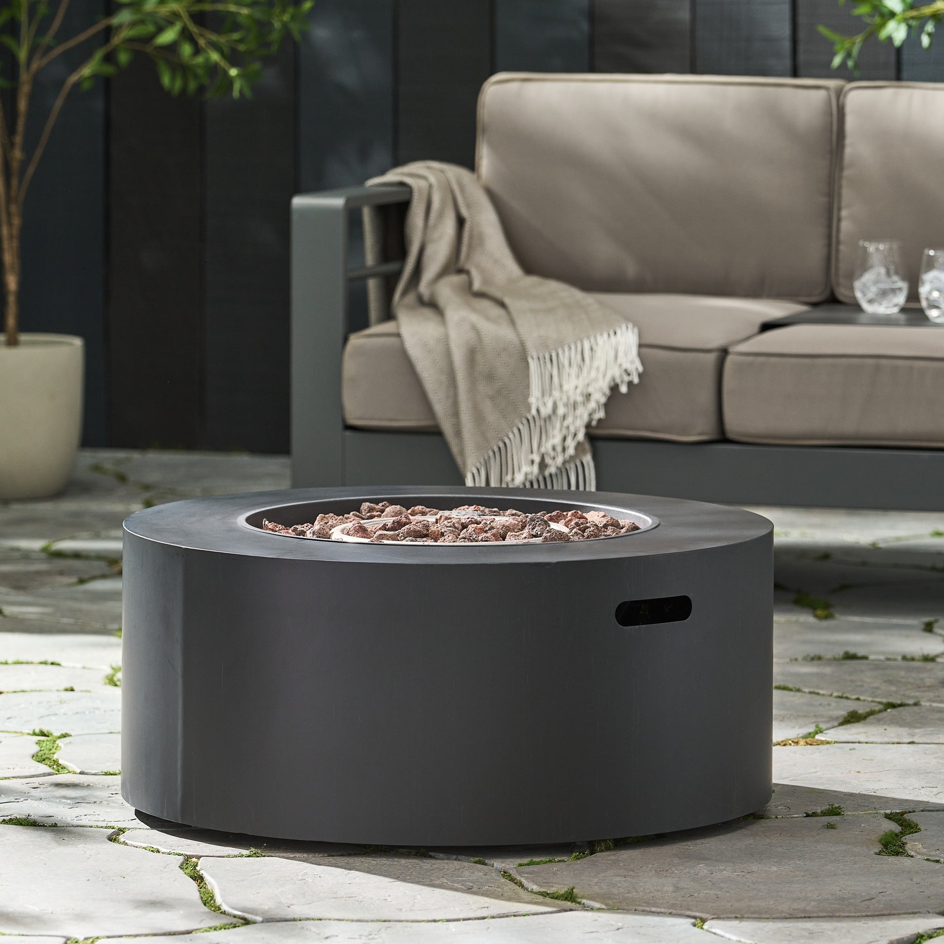 32" Patio 40,000 Btu Round Iron Propane Fire Pit, Dark Grey Tank Cover Not Included Dark Grey Iron