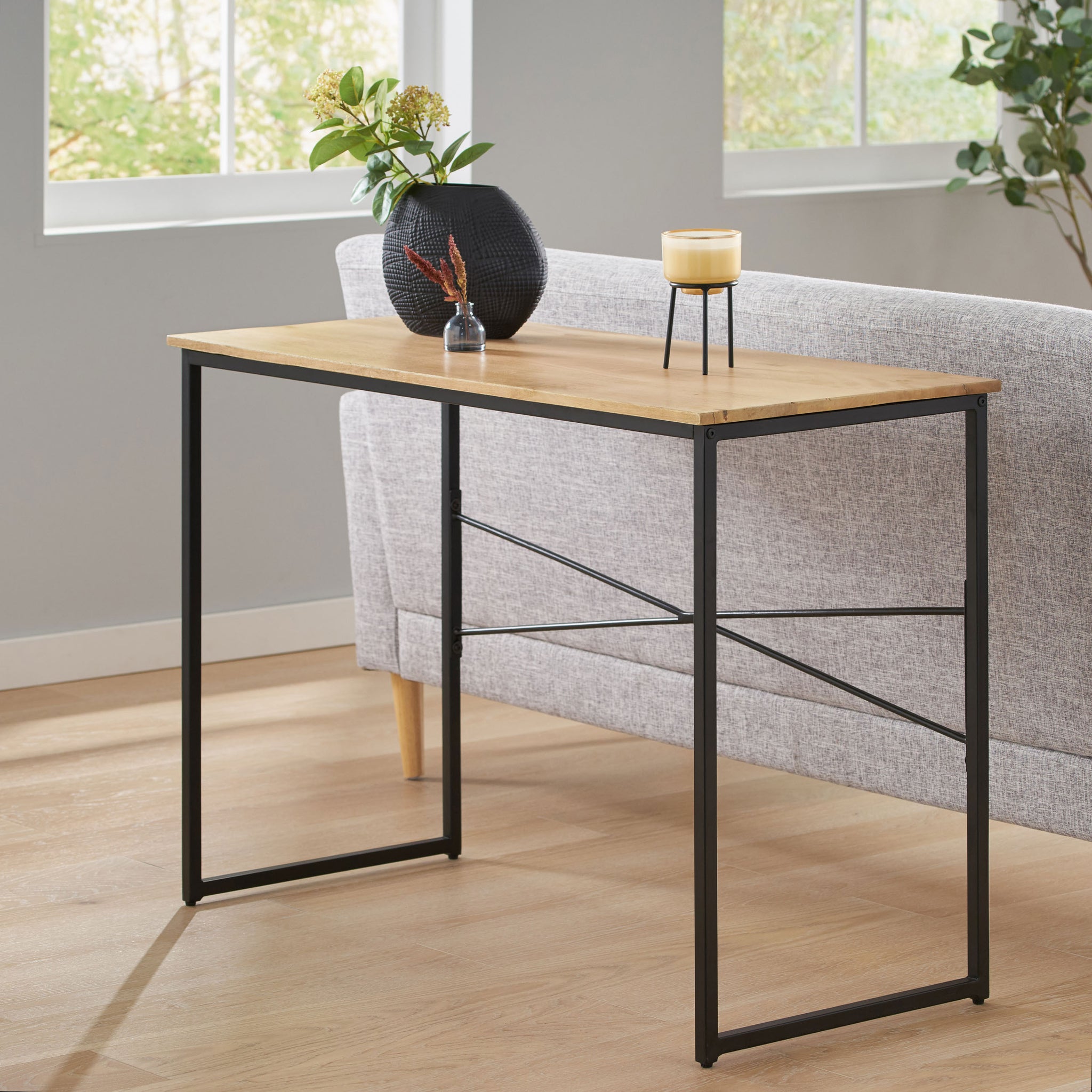 Console Table Brown Wood Stainless Steel