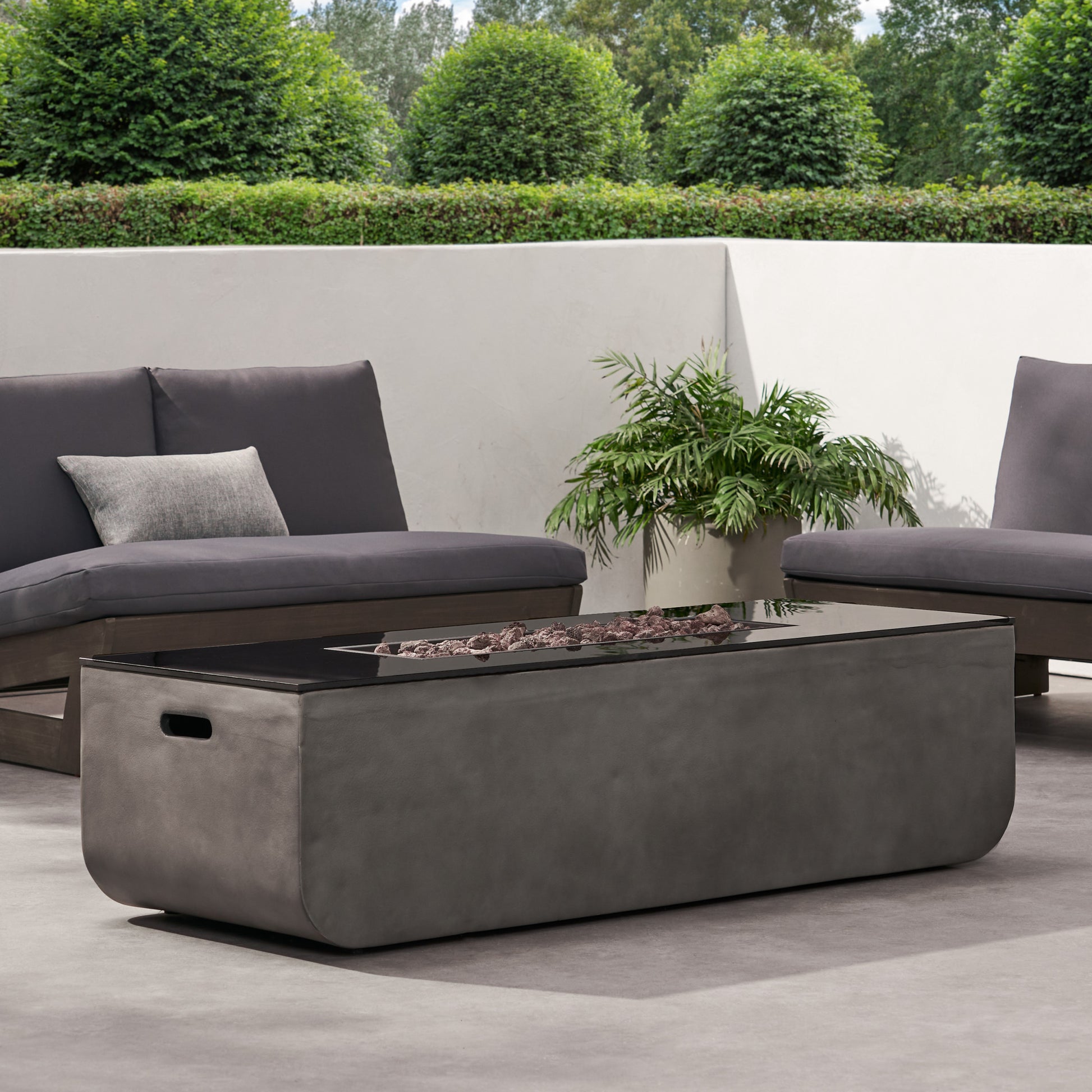 56" Outdoor Patio Concrete Fire Table, Rectangle Gas Burning Fire Pit 50, 000 Btu, Light Grey Black Top Tank Cover Not Included Black Gray Magnesium Oxide