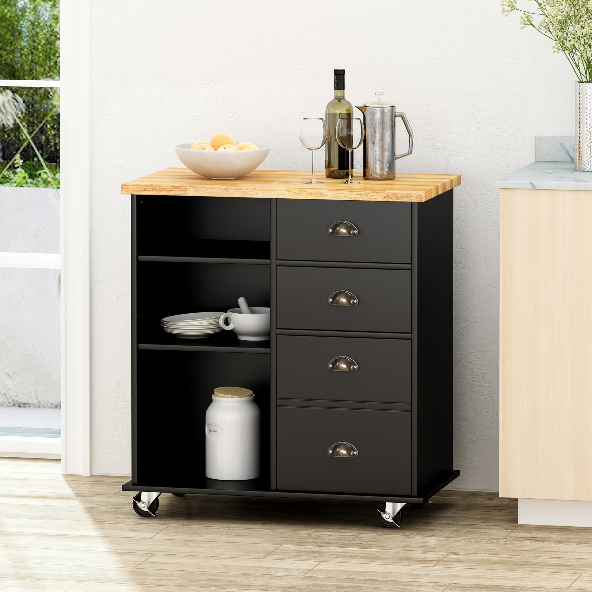 Provence Kitchen Cart With 2 Drawers 1 Door Black Wood