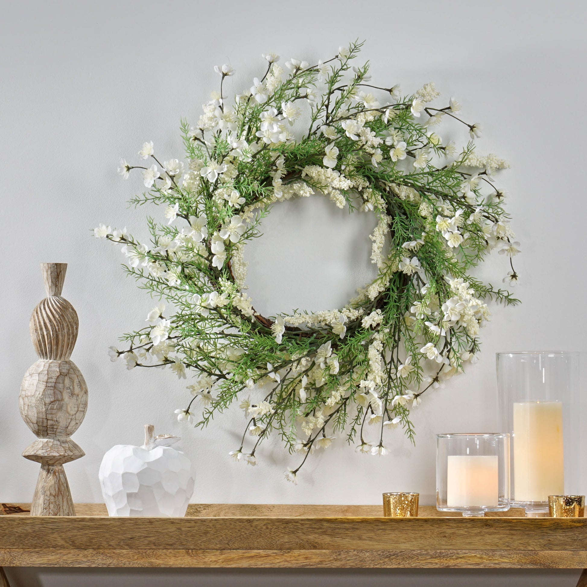 30" Plum Blossom Wreath White Green Rattan