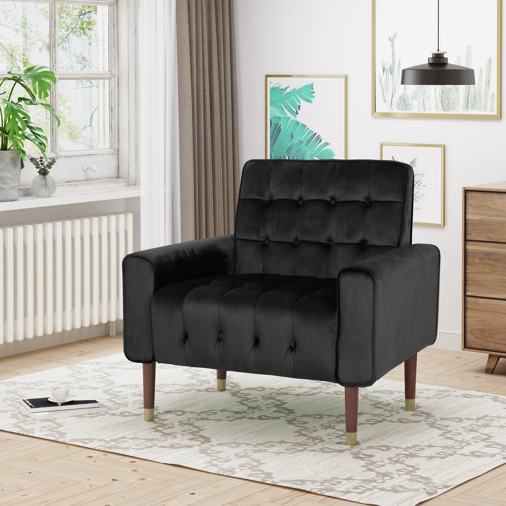 Mirod Comfy Arm Chair With Tufted Backmodern For Living Room, Bedroom And Study Black Velvet