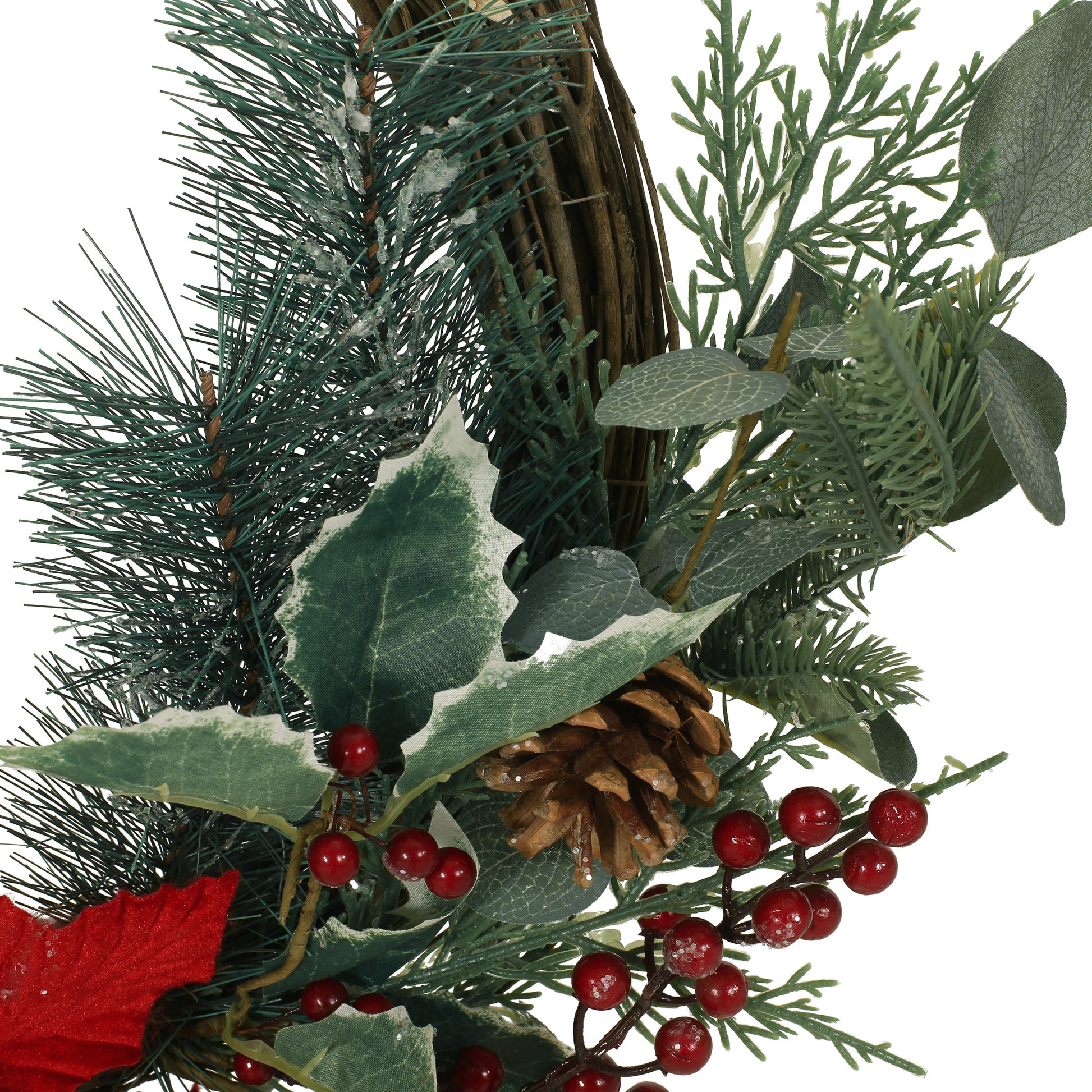 23.5" Poinsettia Berry Eucalyptus Half Wreath Green Leaves Polyester