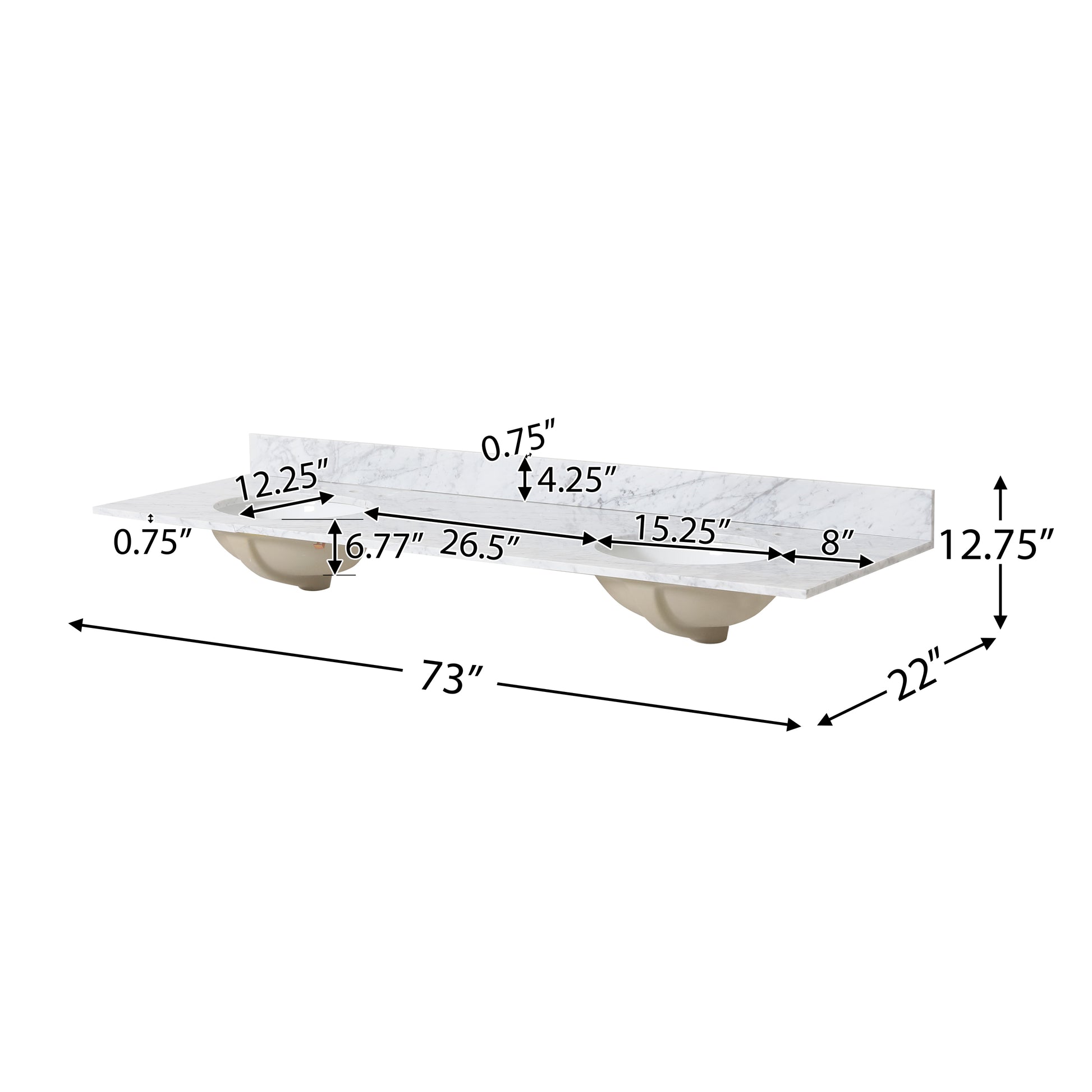 73'' Cararra White Marble Vanity Top&Ceramic Sink White Marble Marble