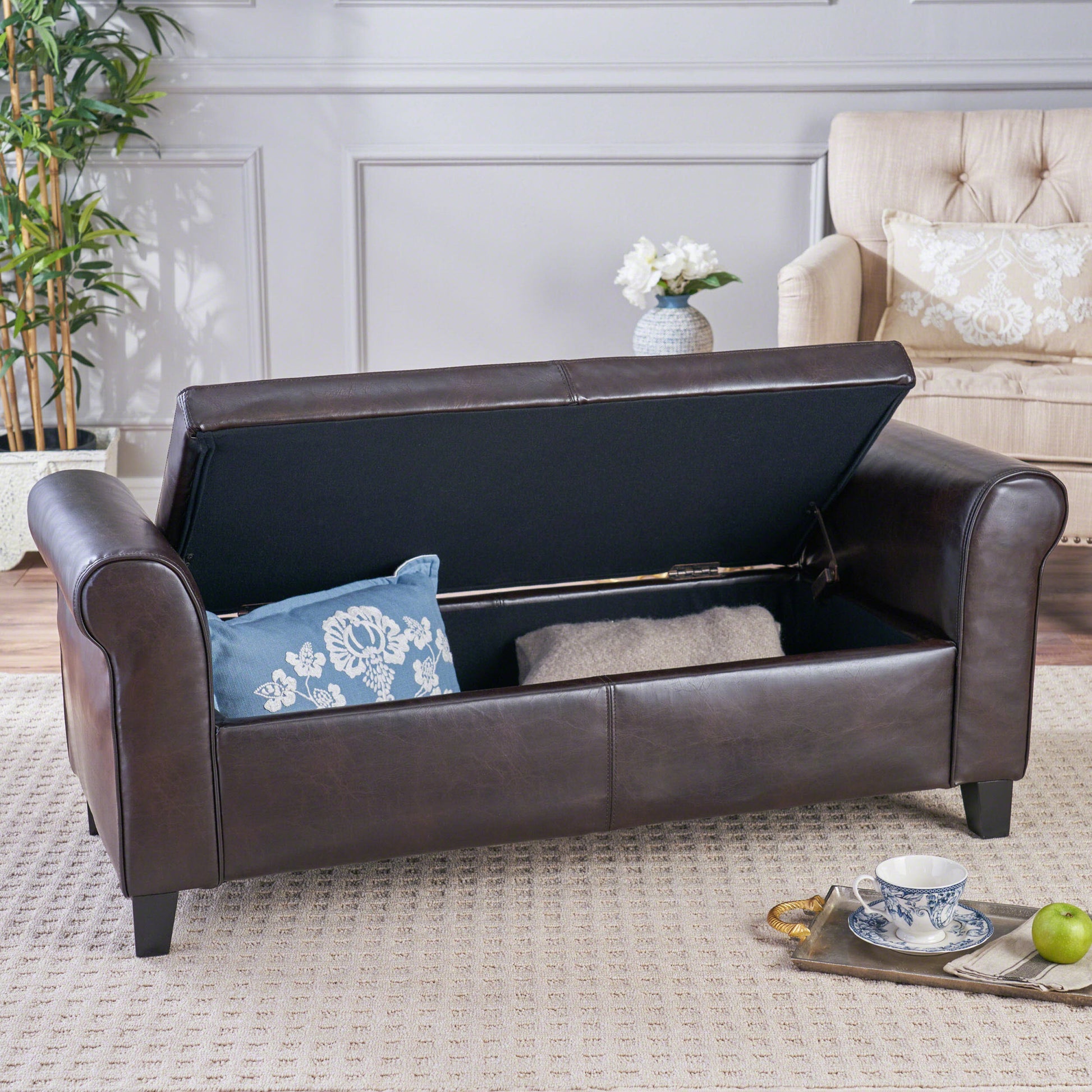 Hayes Armed Storage Bench Brown Pu