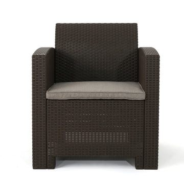 Outdoor Brown Faux Wicker Club Chairs With Mixed Beige Water Resistant Cushions Brown Beige Fabric