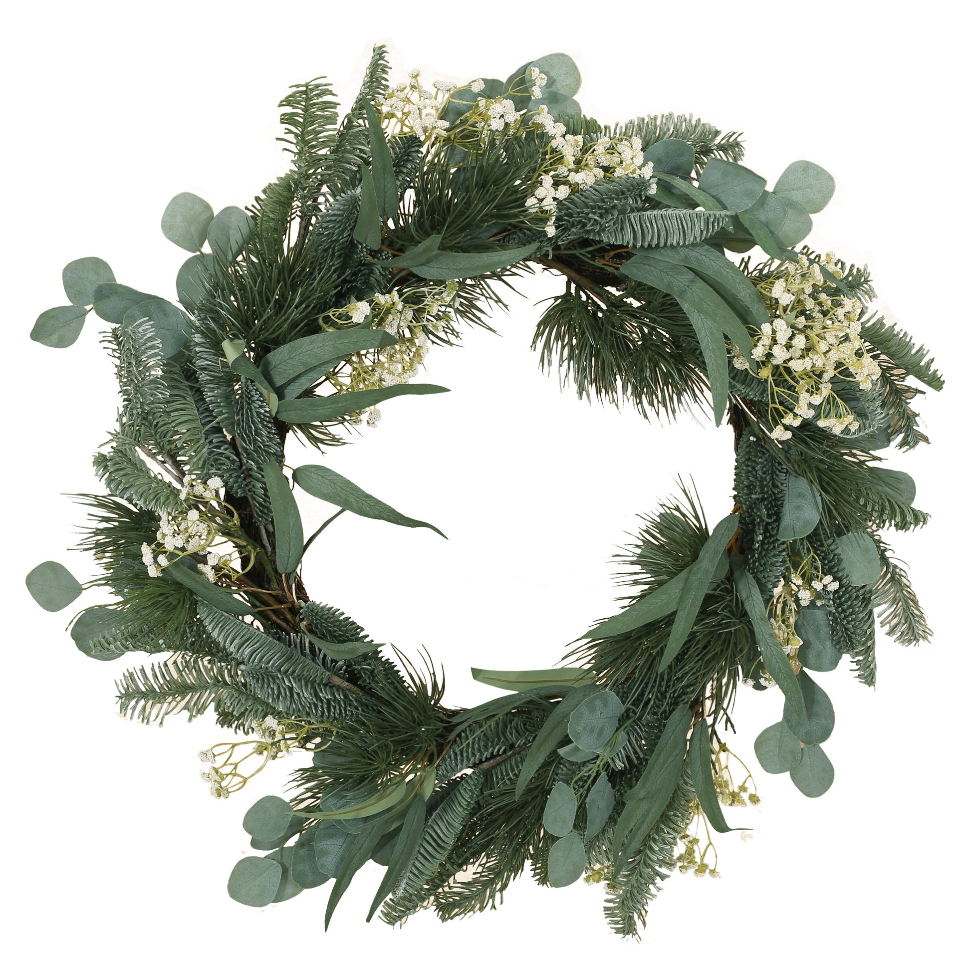 30In Eucalyptus Leaves, Pine Twigs, Stars Wreath White Green Rattan