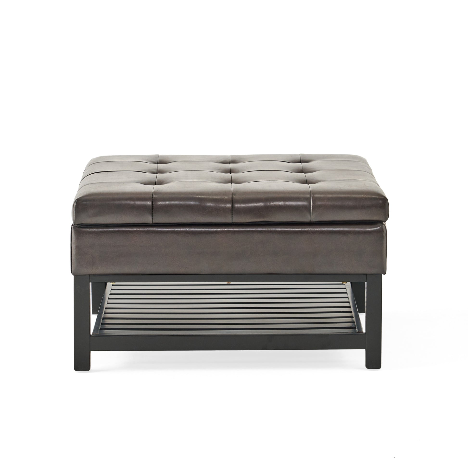 Square Ottoman With Storage And Bottom Rack Brown Pu