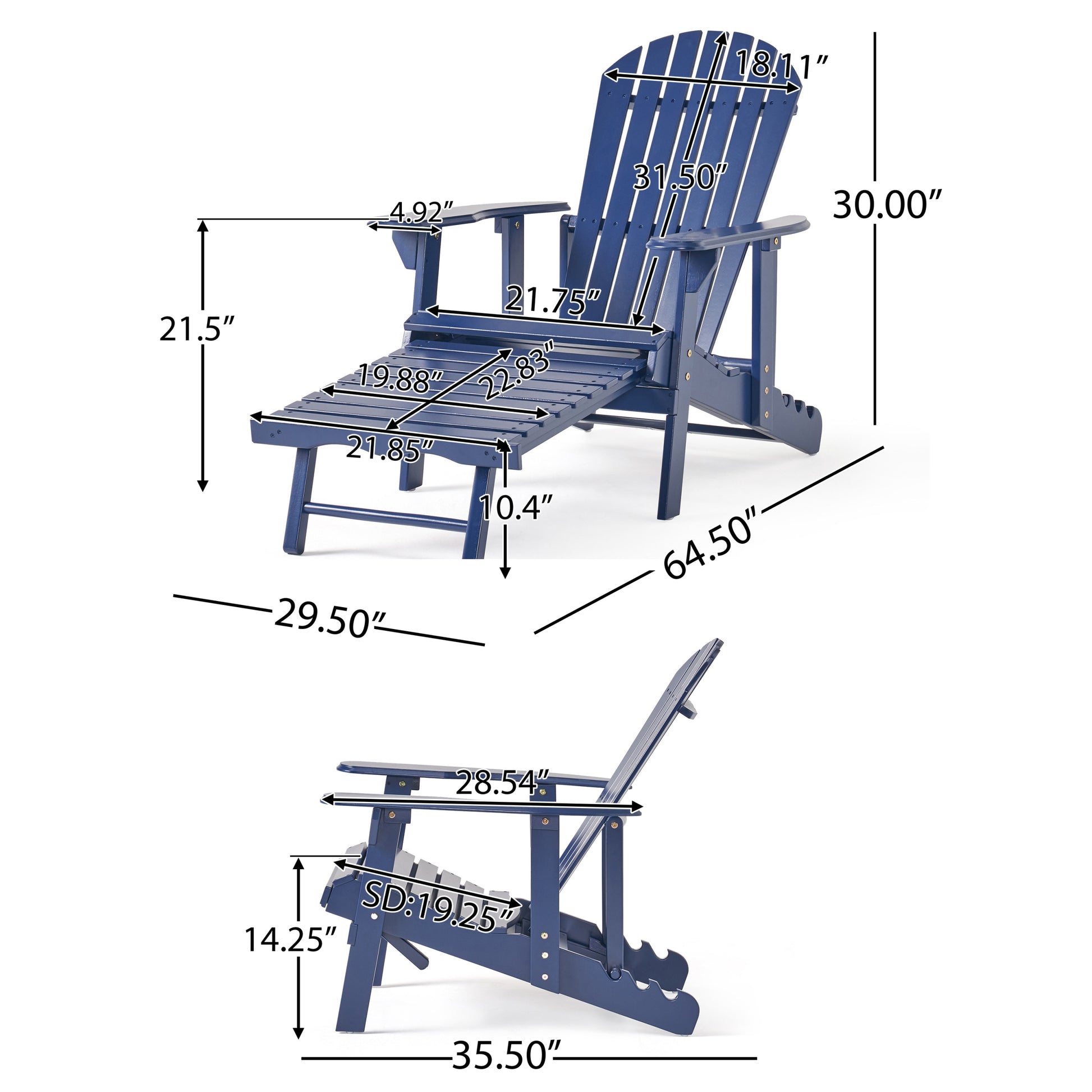 Malibu Reclining Adirondack Chair Blue Acacia Wood