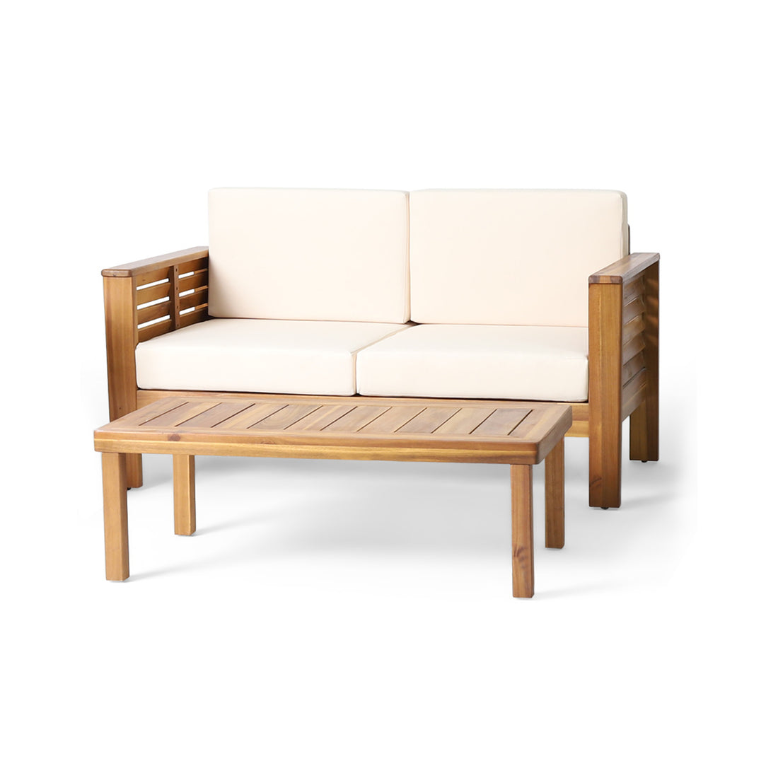 Teak Acacia Wood Loveseat And Coffee Table Set With Cream Cushions Yes Brown Seats 2 Foam Acacia Wood