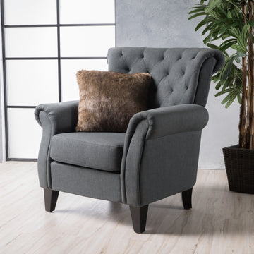 Mirod Comfy Accent Chair With Tufted Backrest, Bedroom Single Seat Arm Chair With Wooden Legs, Modern Side Chairs For Living Room Dark Gray Fabric