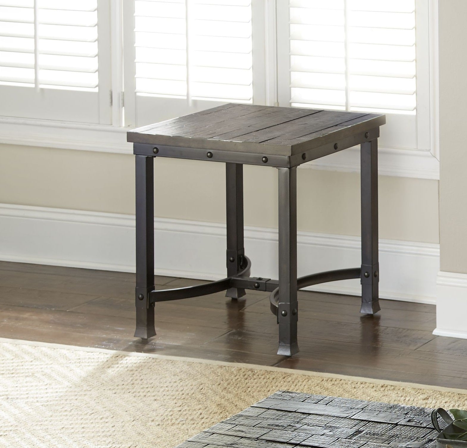 Rustic Square End Table Aged Butcher Block Style Surface, Dark Iron Legs, Distressed Finish Blend With Any D Cor Gray Metal