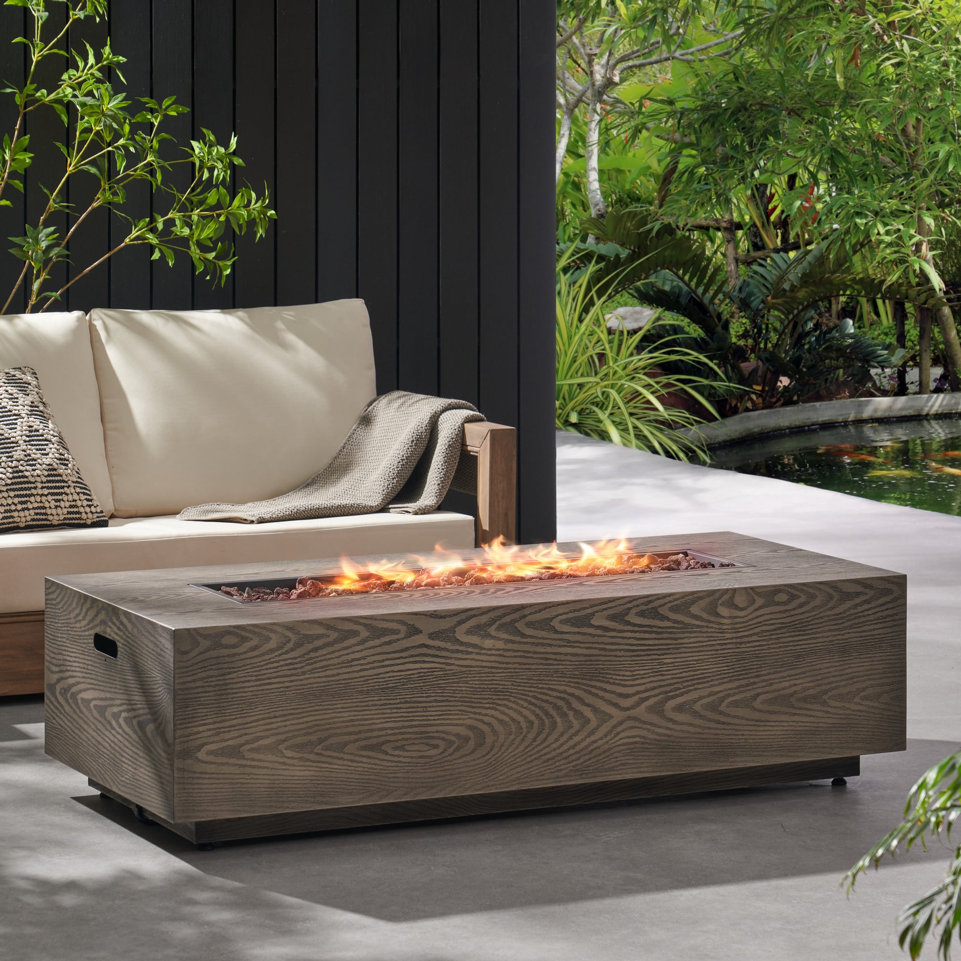 56" Outdoor 50,000 Btu Rectangular Iron Propane Fire Pit, Brown Wood Pattern Tank Cover Not Included Wood Iron