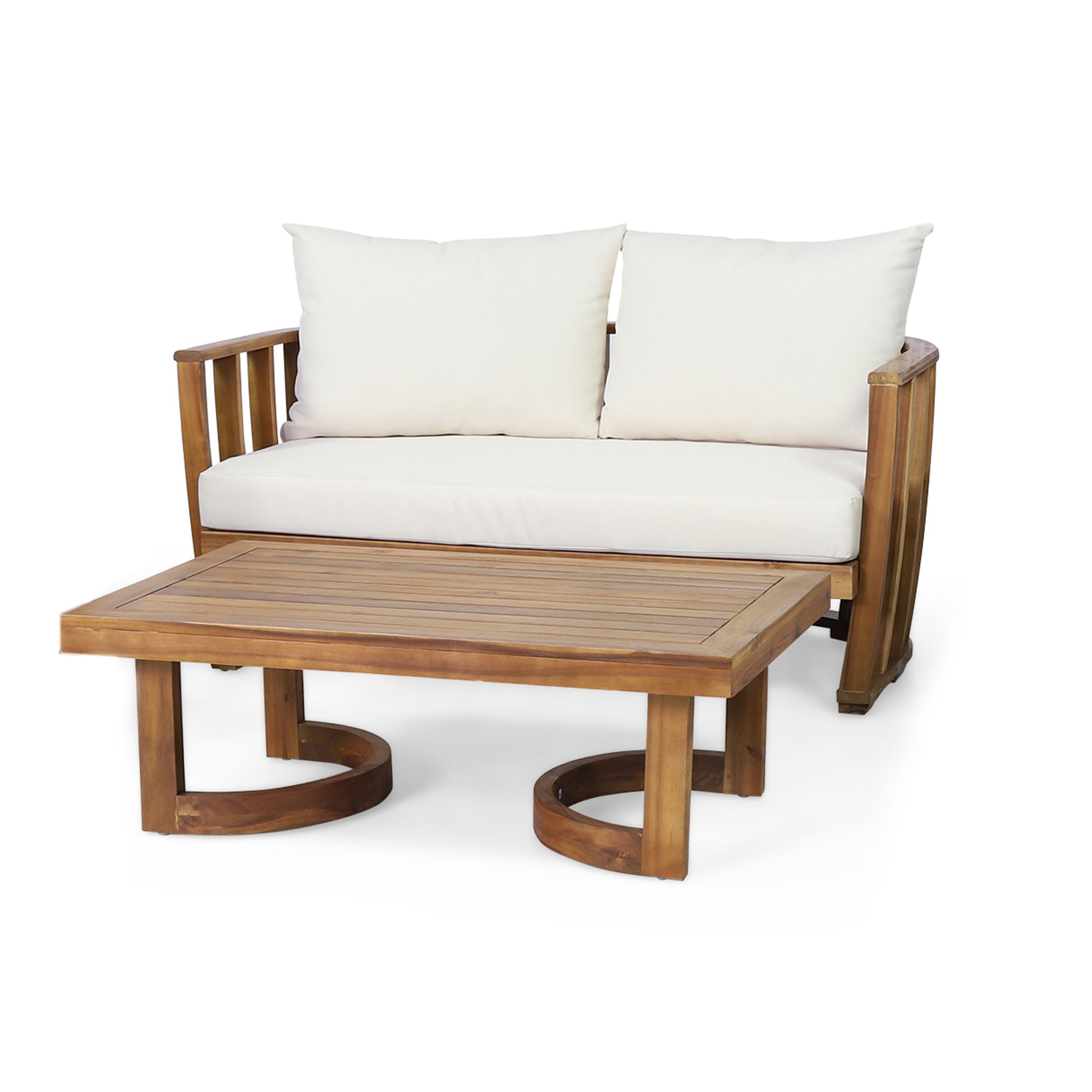 Outdoor Acacia Wood Loveseat And Coffee Table Set With Cushions, Teak, Beige Beige Brown Acacia Wood