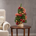 2'Red Gold Decoration Burlap Tree With 50 Warm White Led Lights Battery Operated Green Pvc