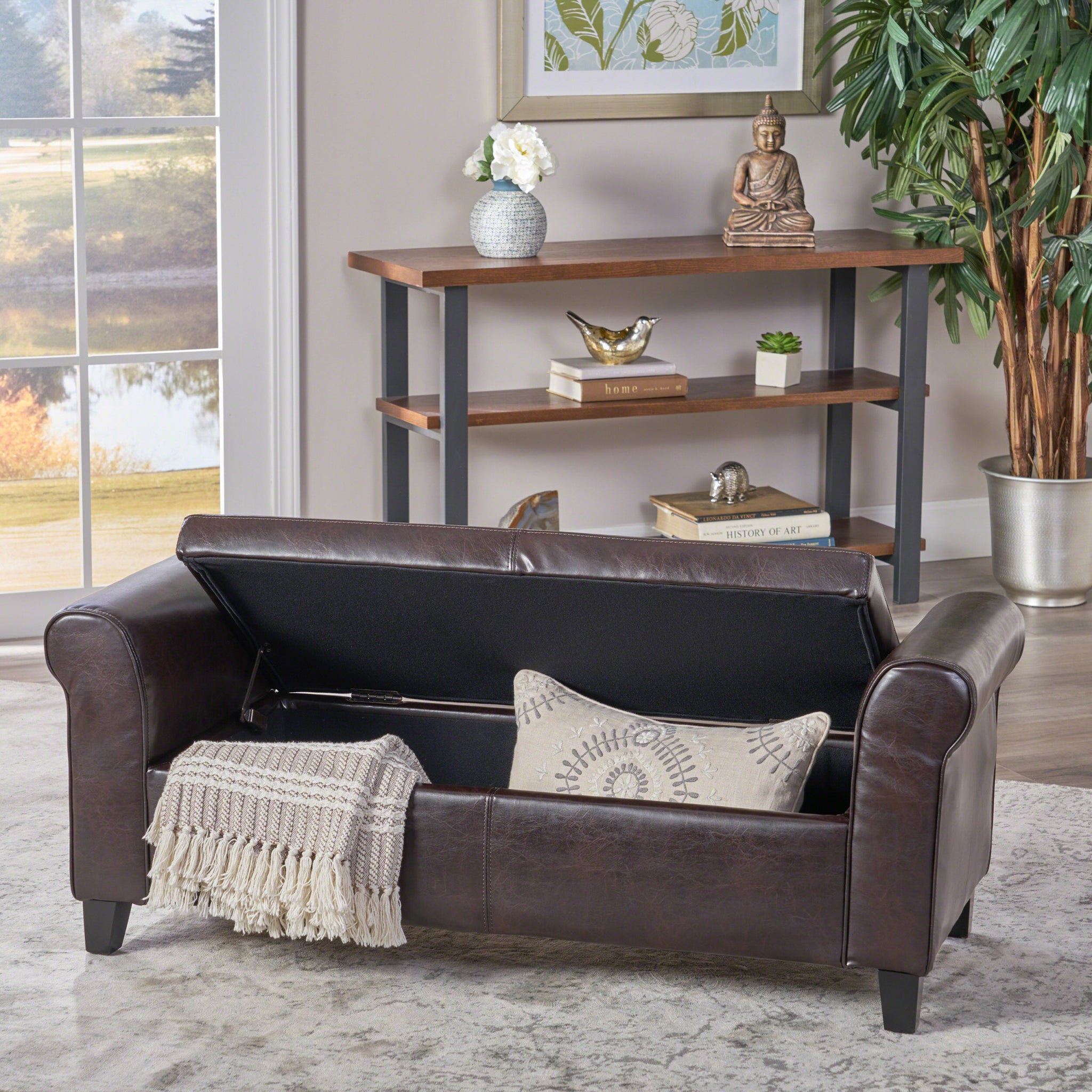 Hayes Armed Storage Bench Brown Pu