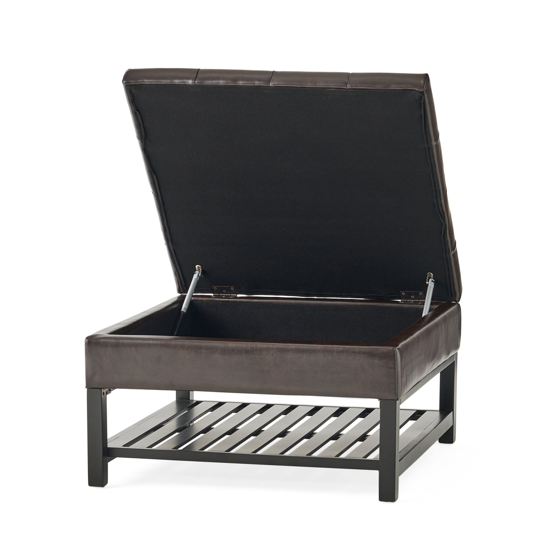 Square Ottoman With Storage And Bottom Rack Brown Pu