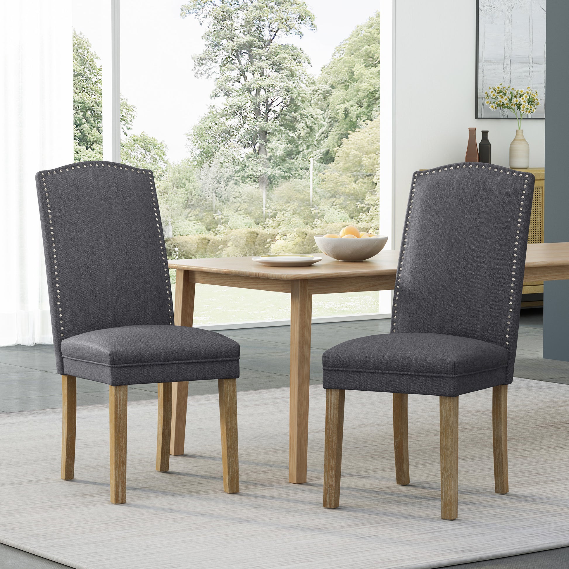 Upholstered Dining Chairs With Trim, Set Of 2, Charcoal And Natural Rubberwood Charcoal Nature Dining Room Foam Spot Clean Rectangular Dining Chairs Rubberwood Solid Back Set Of 2 Fabric,Upholstered