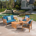 Outdoor Acacia Wood Sofa Set With Water Resistant Cushions, 4 Pcs Set, Brown Patina Teal Blue Teal Blue Acacia Wood