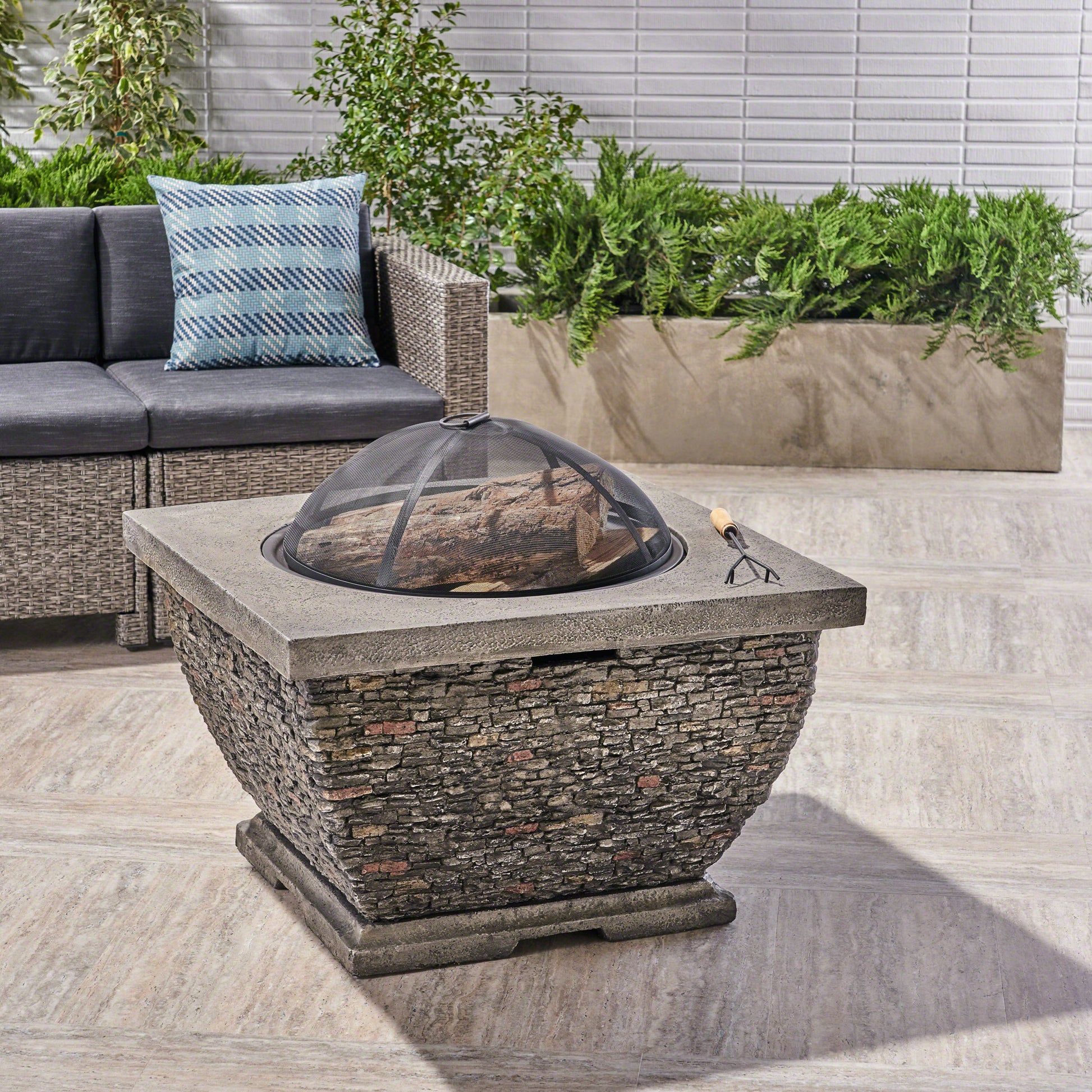 32" Mgo Light Weight Concrete Wood Burning Square Fire Pit, Grey Grey Magnesium Oxide