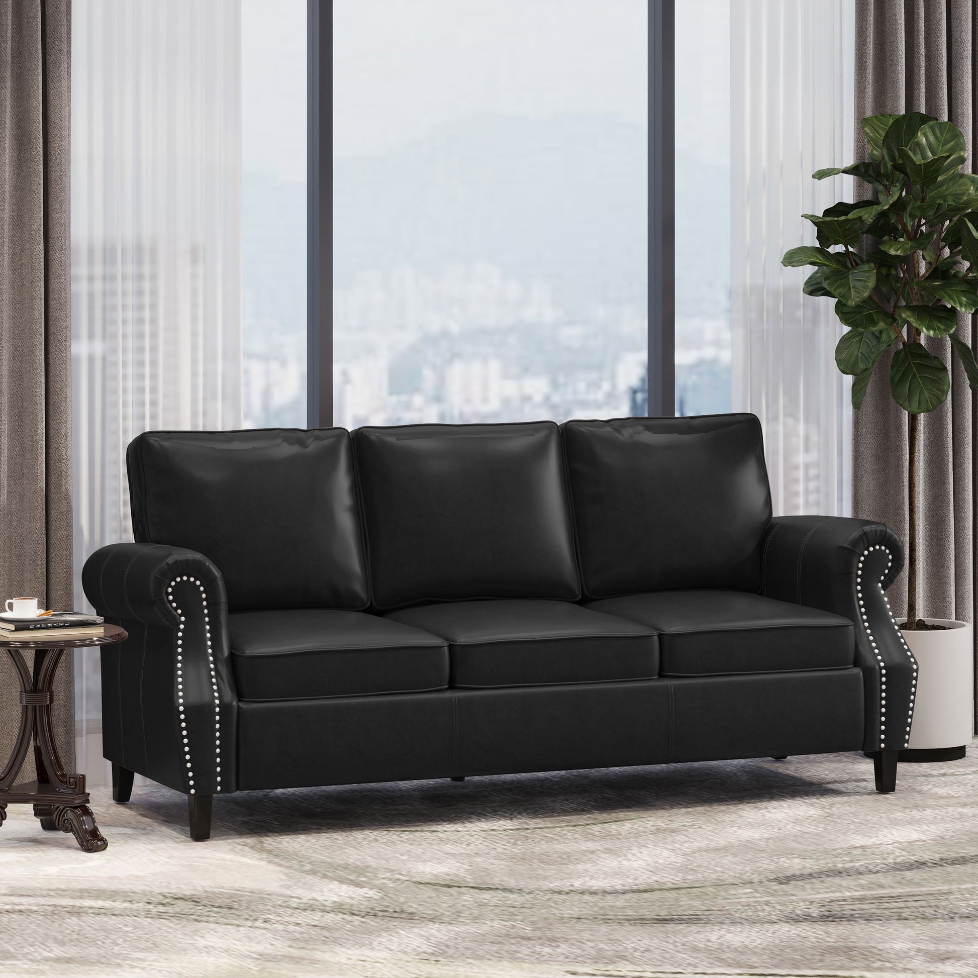 3 Seater Sofa Black Faux Leather 3 Seat