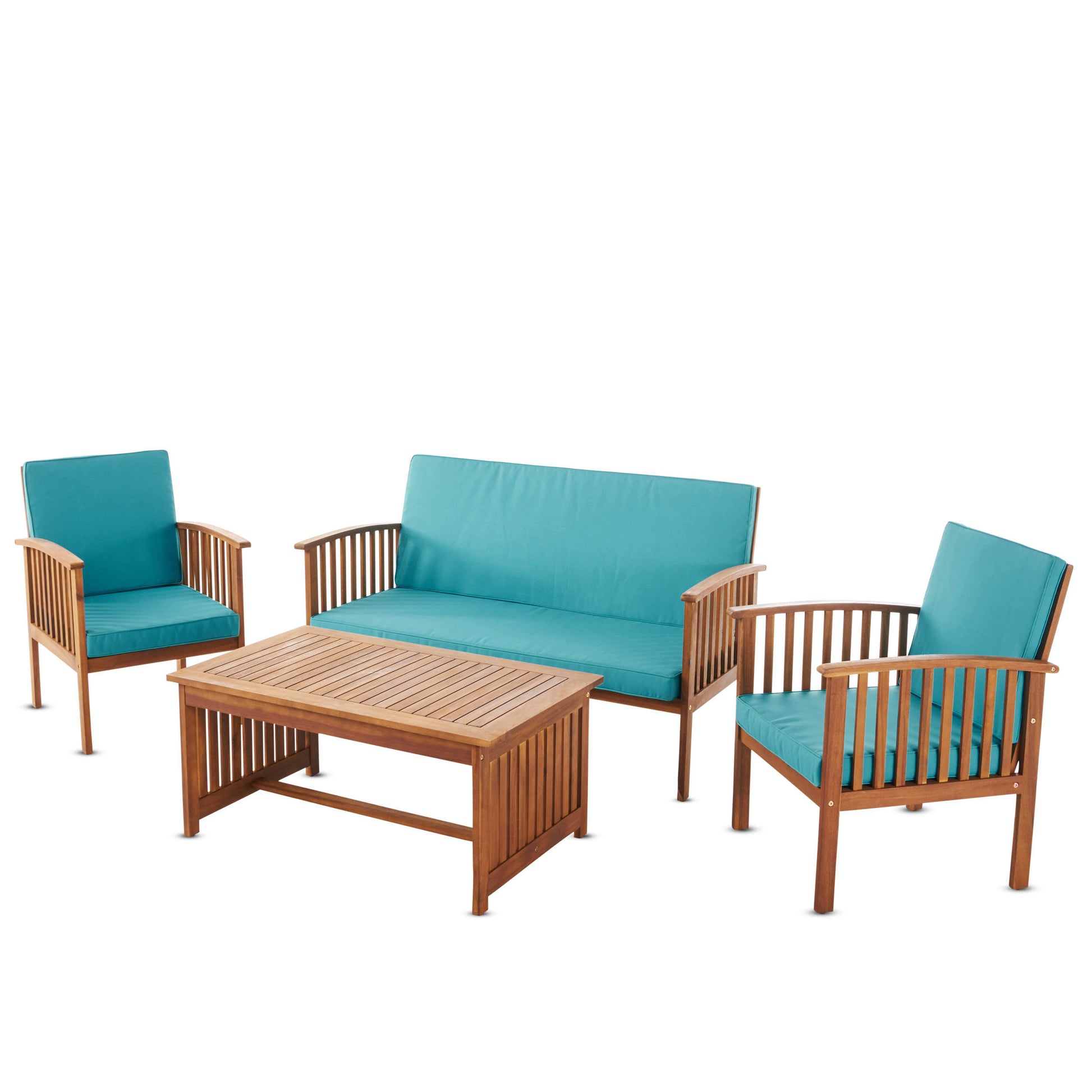 Outdoor Acacia Wood Sofa Set With Water Resistant Cushions, 4 Pcs Set, Brown Patina Teal Brown Teal Acacia Wood