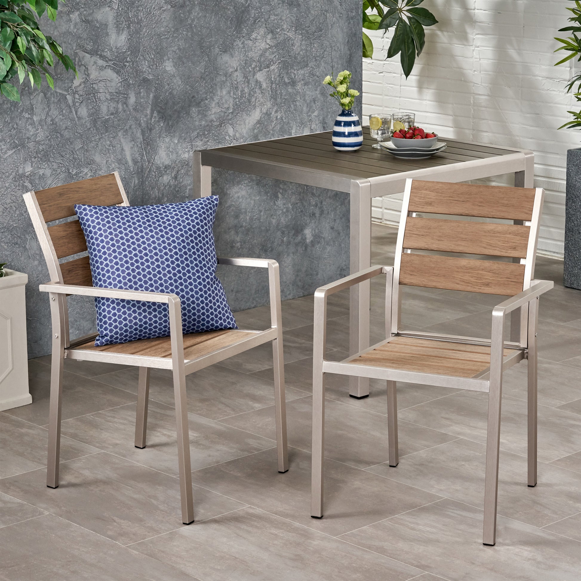 Outdoor Modern Aluminum Dining Chair With Faux Wood Seat Set Of 2 , Natural And Silver Natural Aluminium