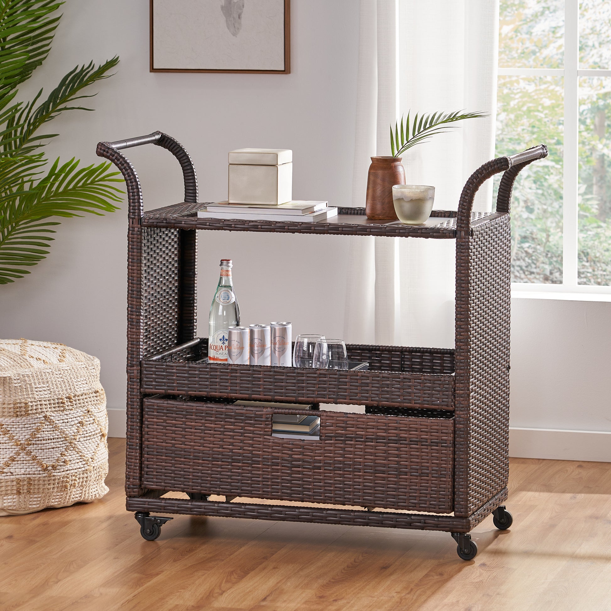 Corona Bar Cart Brown Pe Rattan Iron