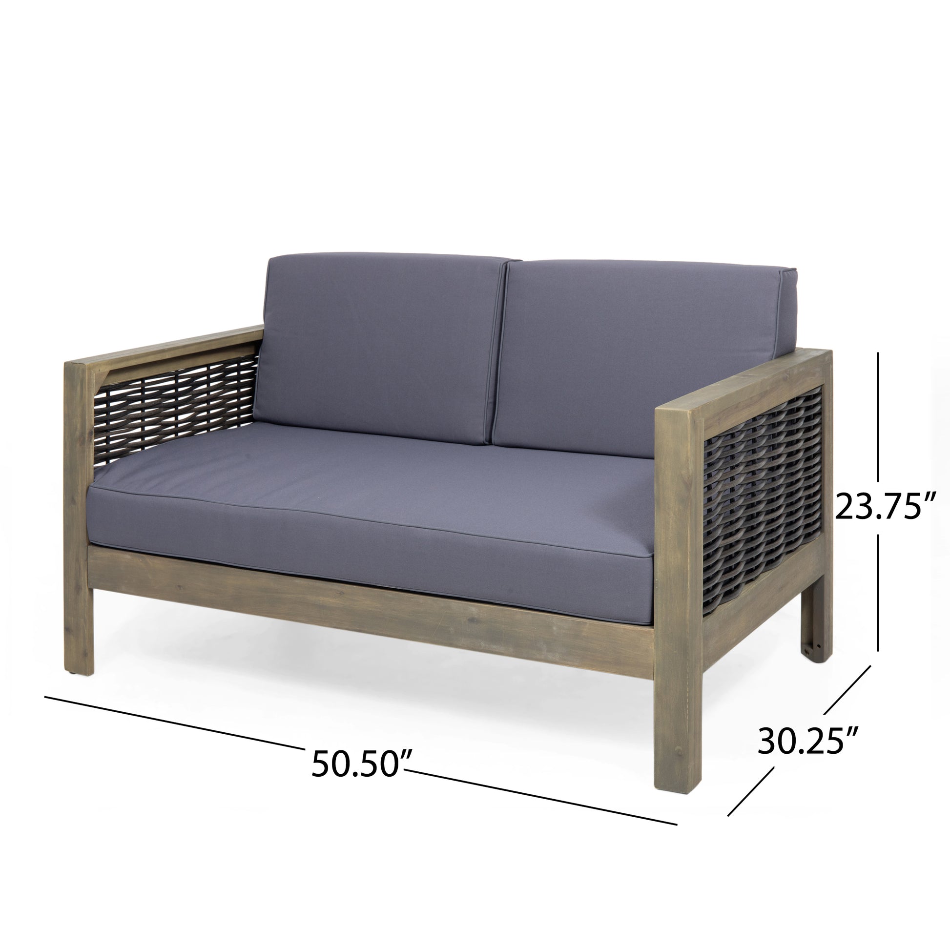 Outdoor Acacia Wood And Wicker Loveseat And Coffee Table Set With Cushions, Gray Mixed Gray Dark Gray Gray Acacia Wood