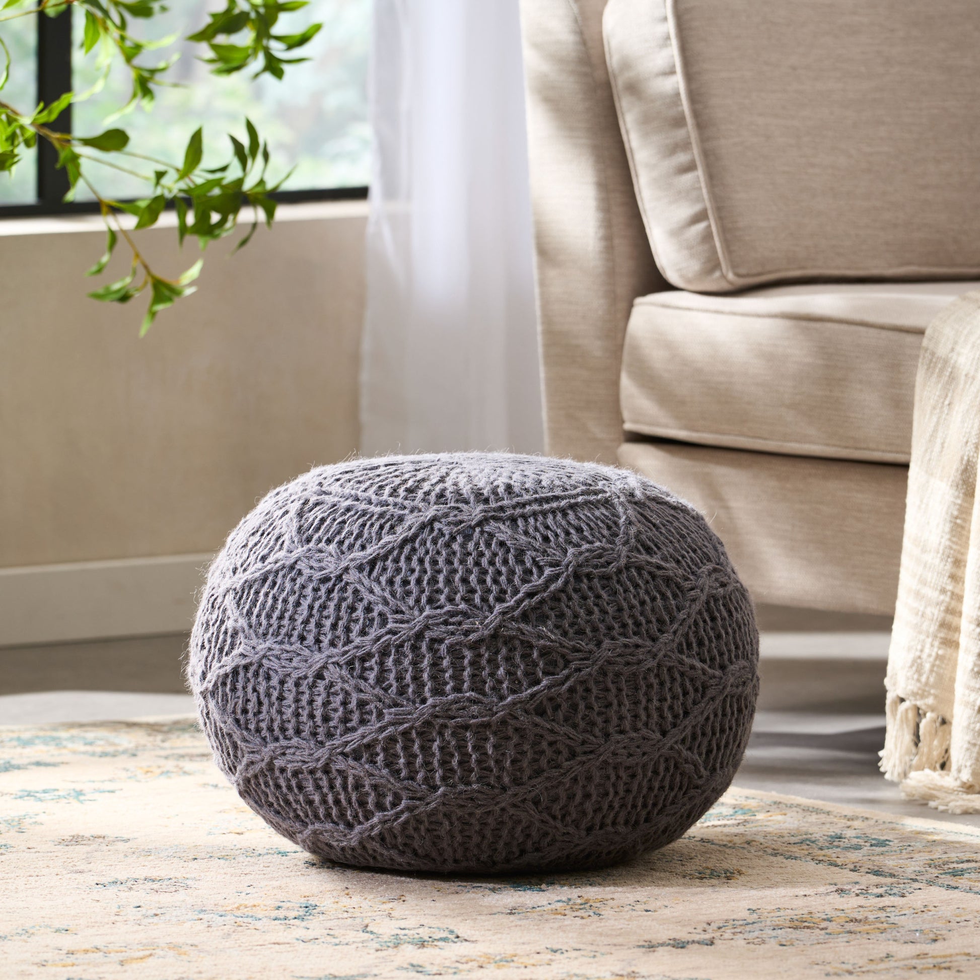 Malibu Knitted Wool 20 X 20 Round Pouf Charcoal Wool