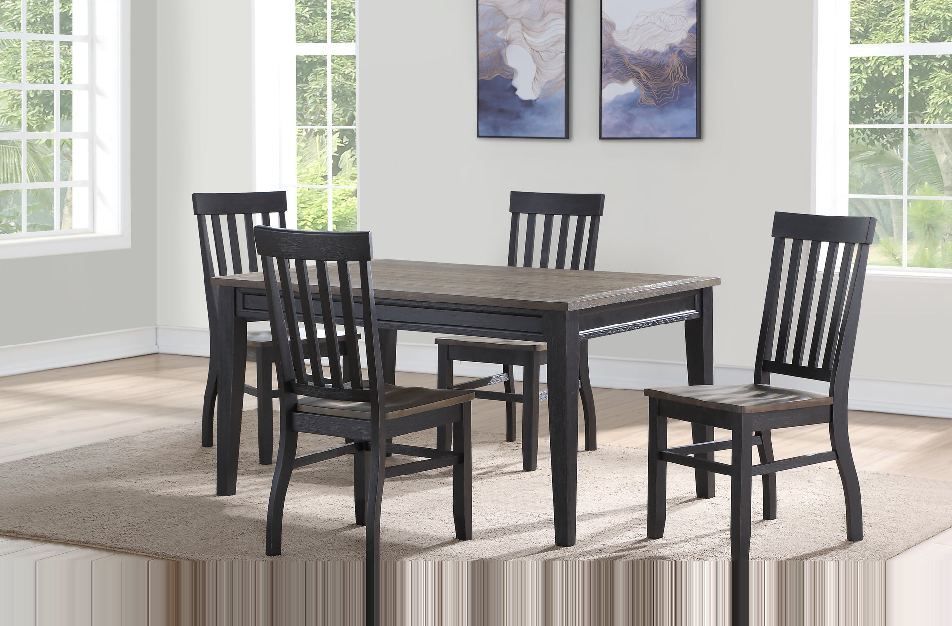 Farmhouse 5Pc Dining Set: Two Tone Finish, Cottage Style Table, Schoolhouse Chairs, Perfect For Gathering Brown Wood