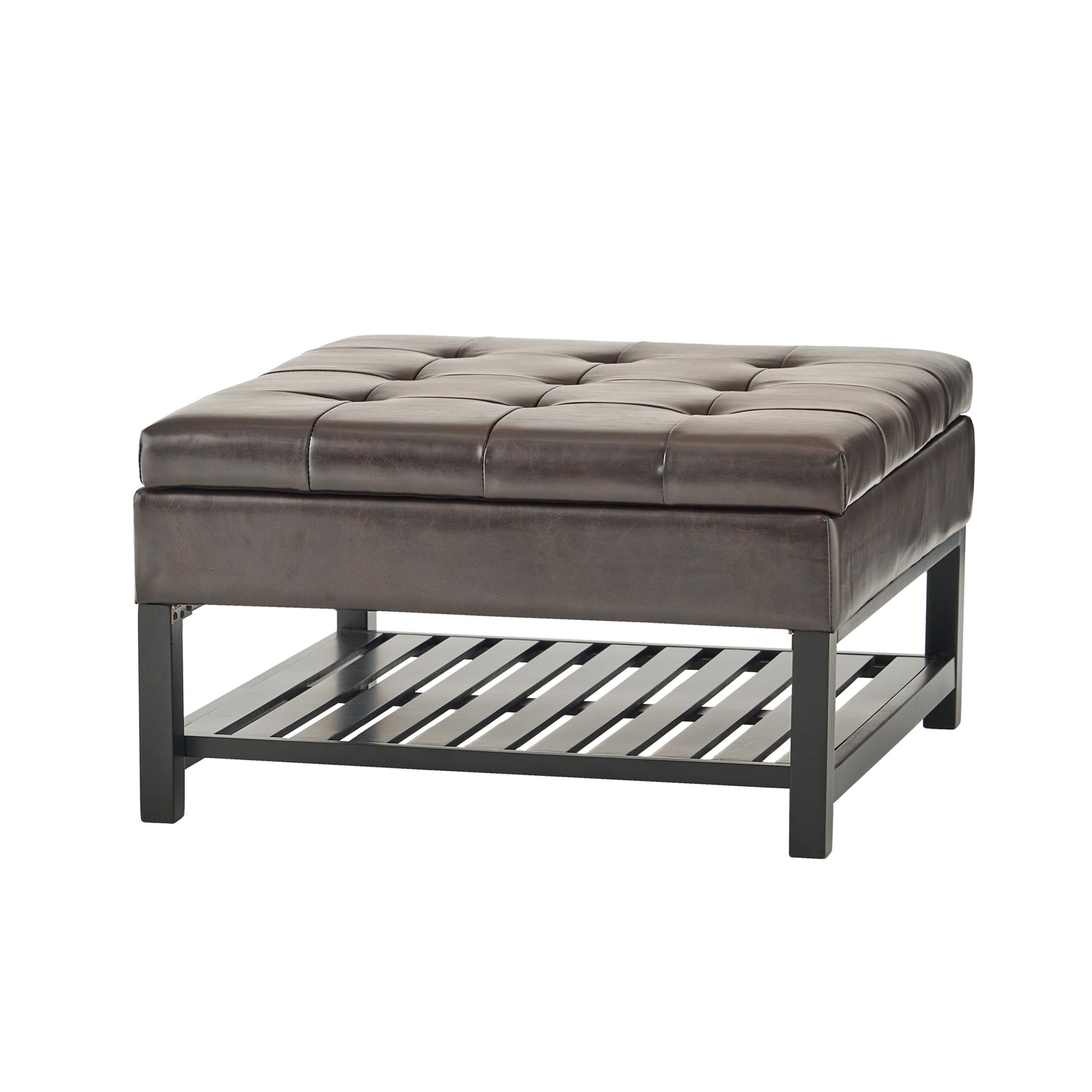 Square Ottoman With Storage And Bottom Rack Brown Pu
