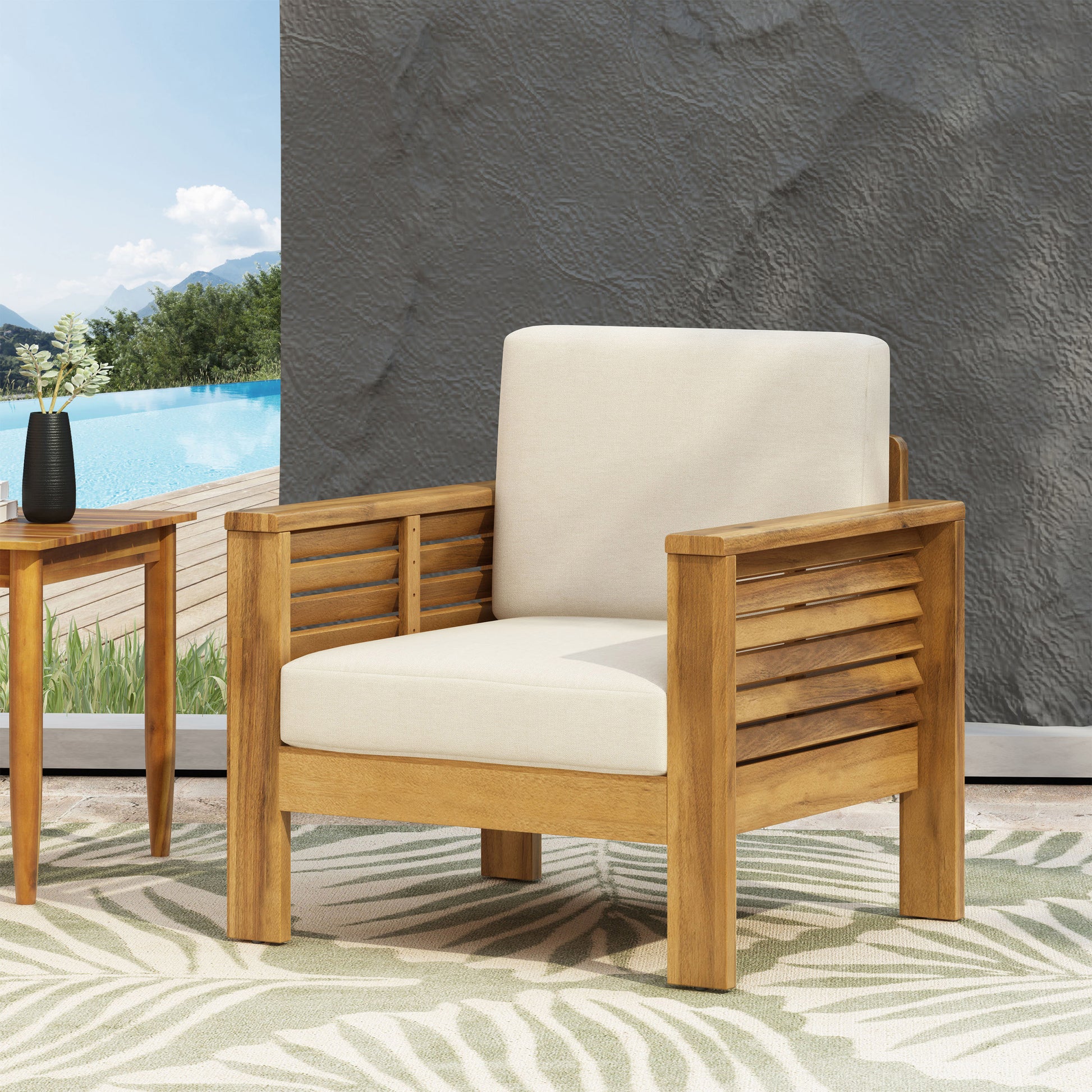 Outdoor Acacia Wood Club Chairs With Cushions, Teak Beige, 27.75"D X 32"W X 27.75"H Yes Brown Beige Foam Acacia Wood