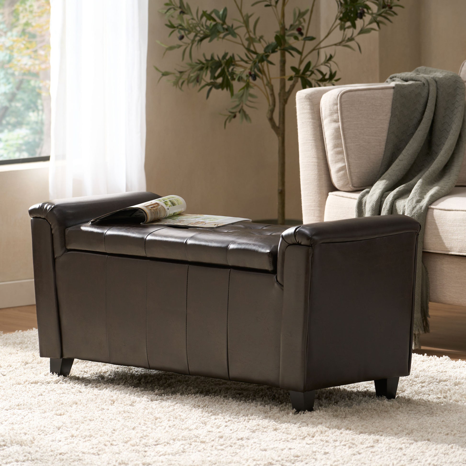 Alden Armed Storage Bench Brown Pu Leather