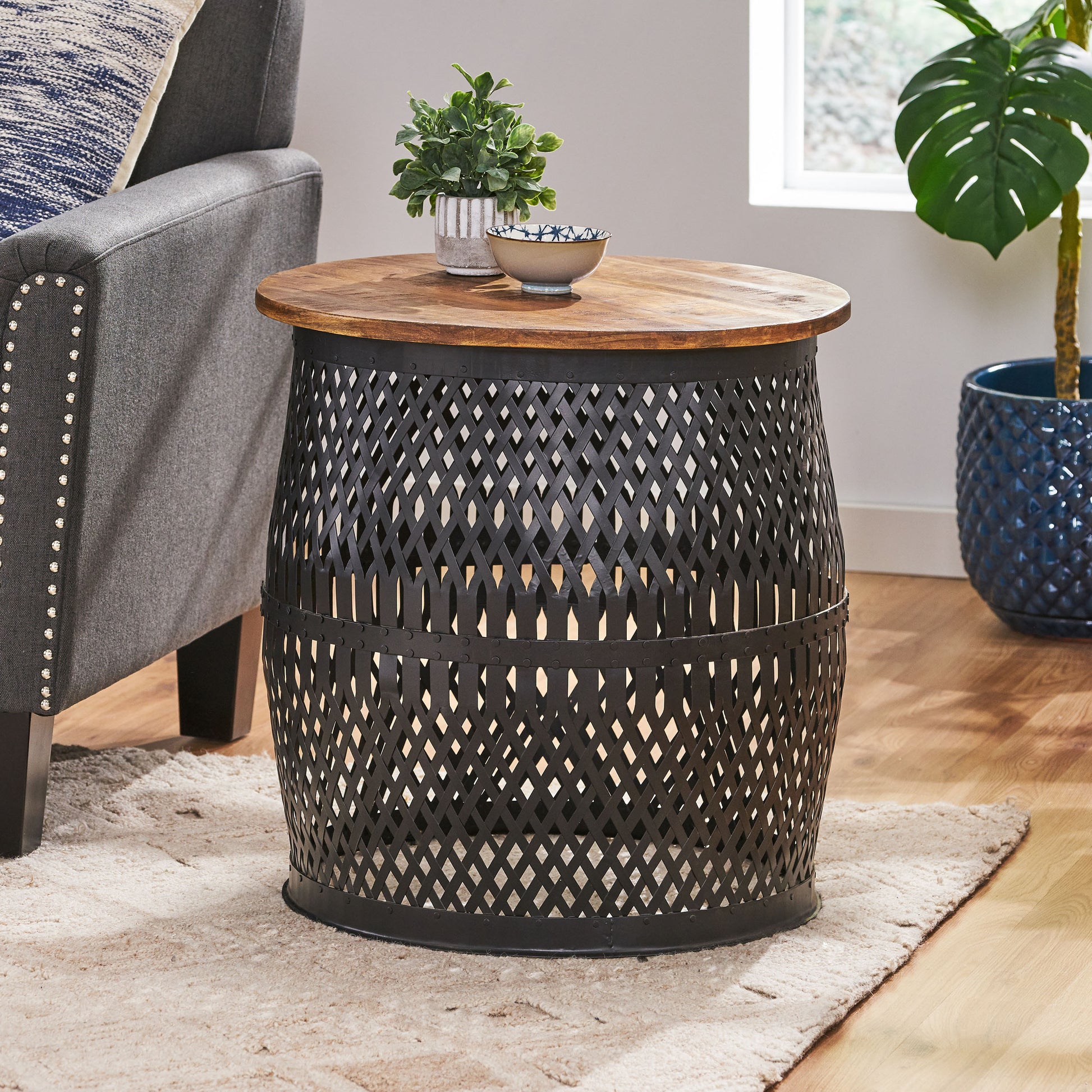 End Table Natural Black Wood Metal