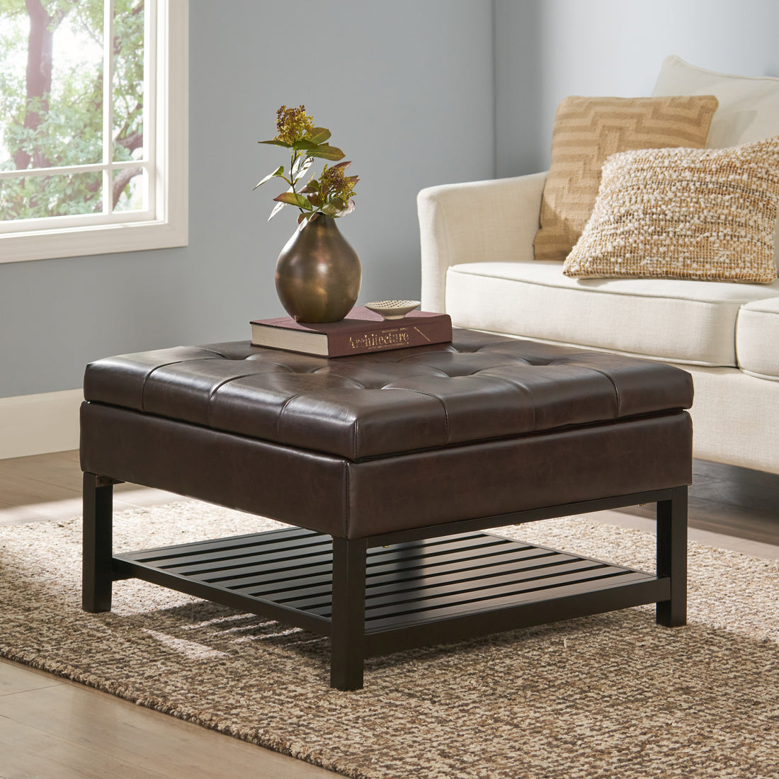 Square Ottoman With Storage And Bottom Rack Brown Pu