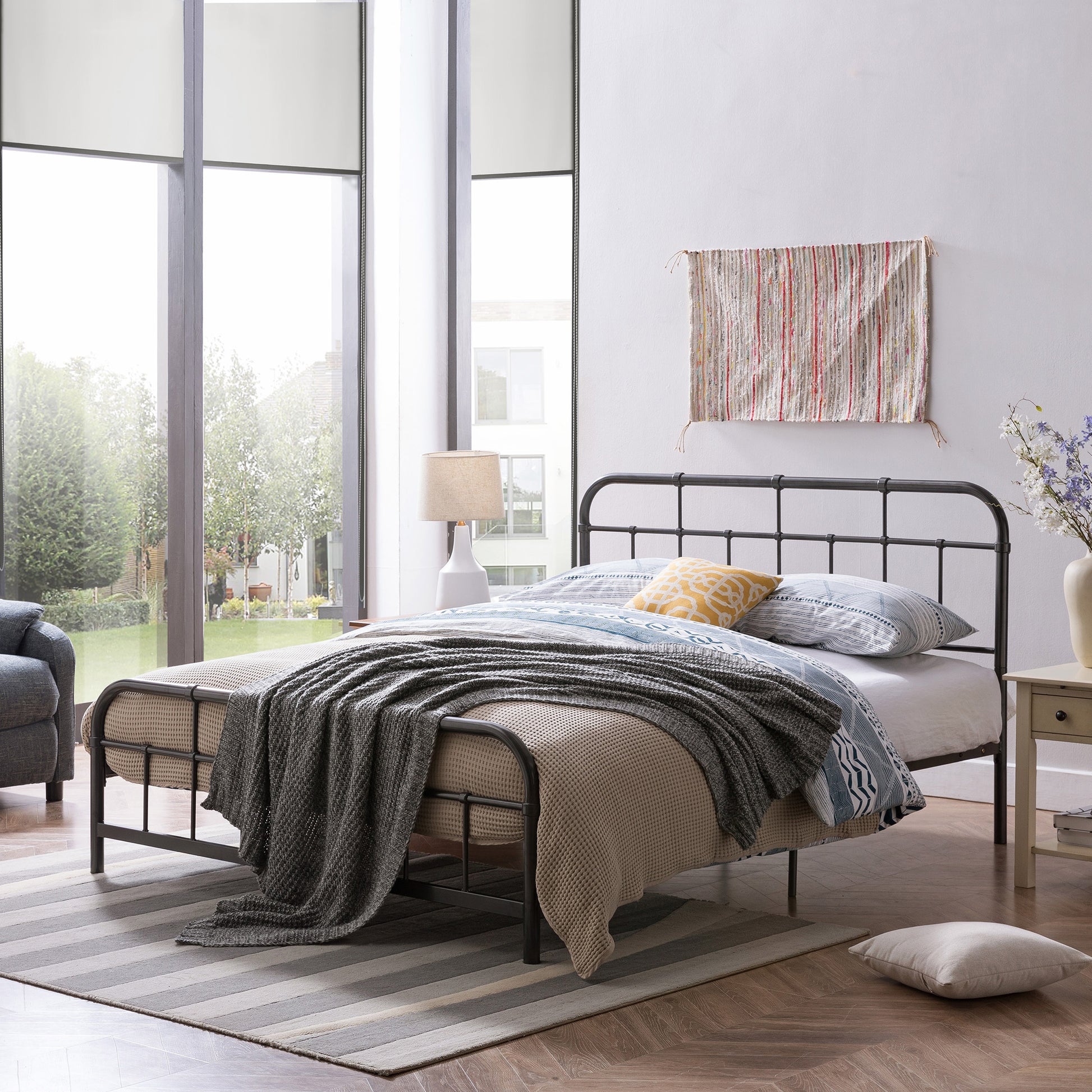 Queen Size Metal Bed Charcoal Grey Iron