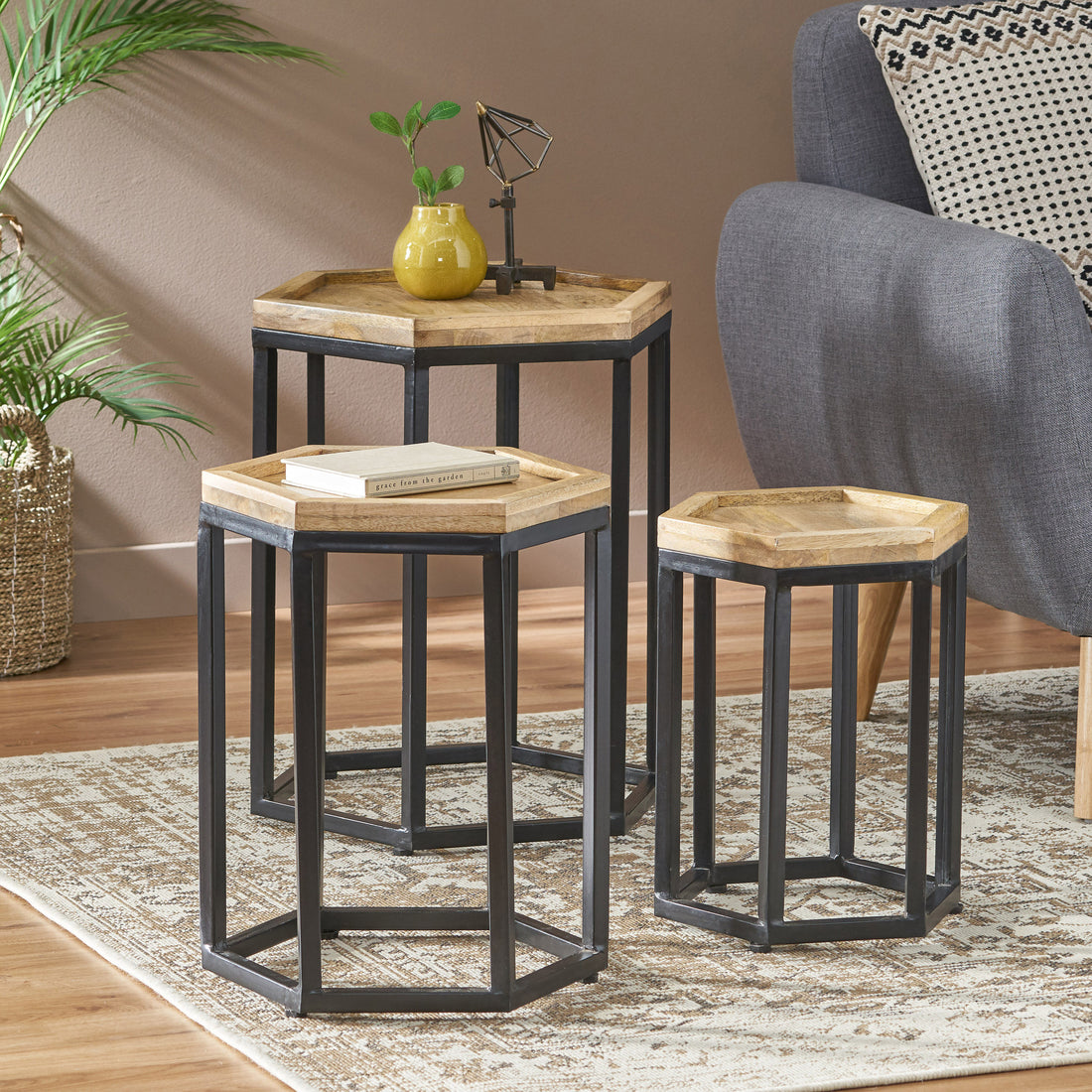 He X Agan Set Of 3 End Table Natural Metal & Wood