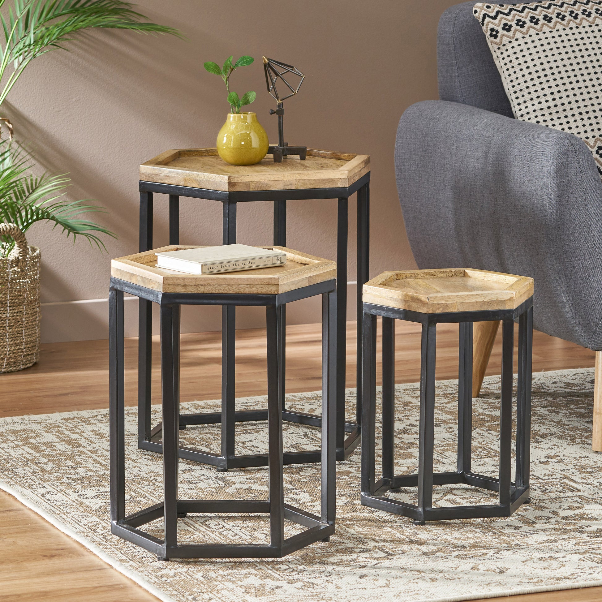 He X Agan Set Of 3 End Table Natural Metal & Wood