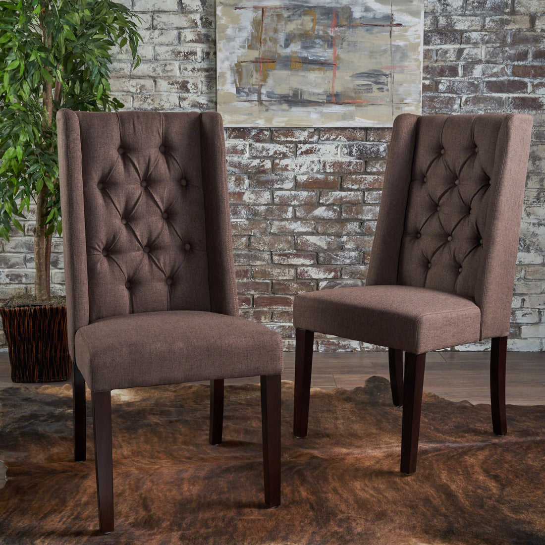 Dining Chair Dark Brown Wood Fabric