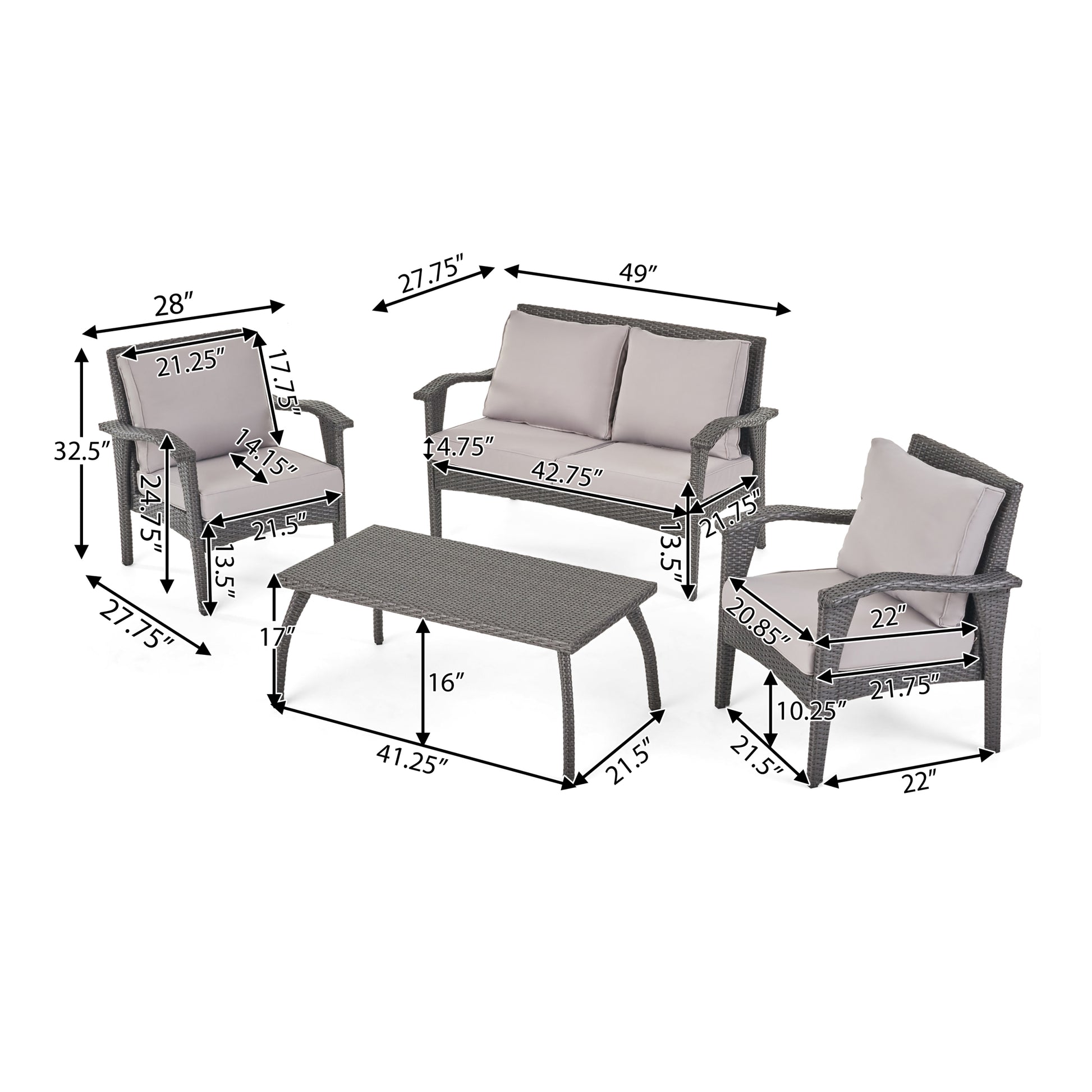 Honolulu 4Pc Pe Wicker Set Kd Grey Pe Rattan Iron Waterproof Fabric