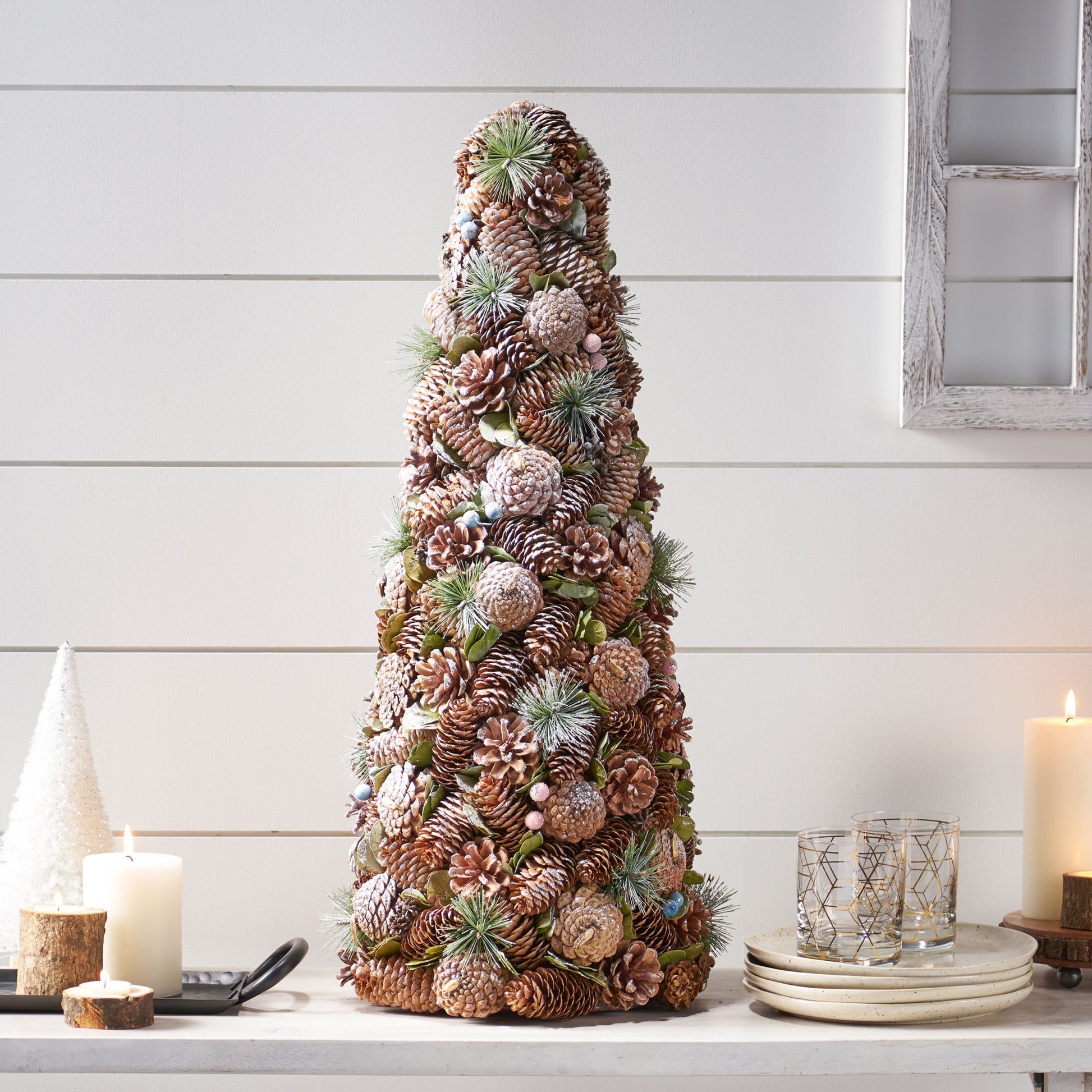 Pine Cone Table Top Tree Natural White Foam