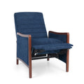 Mid Century Modern Fabric Channel Stitch Wood Pushback Recliner Navy Blue Fabric