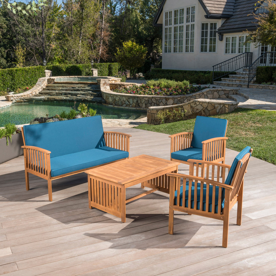 Outdoor Acacia Wood Sofa Set With Water Resistant Cushions, 4 Pcs Set, Brown Patina Teal Blue Teal Blue Acacia Wood