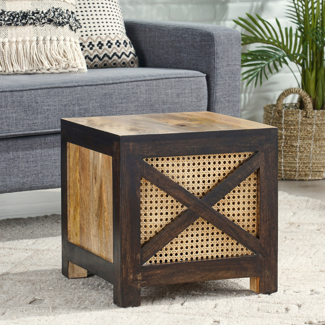 Westby Mango Wood And Cane Square Cube Ottoman Natural Wood