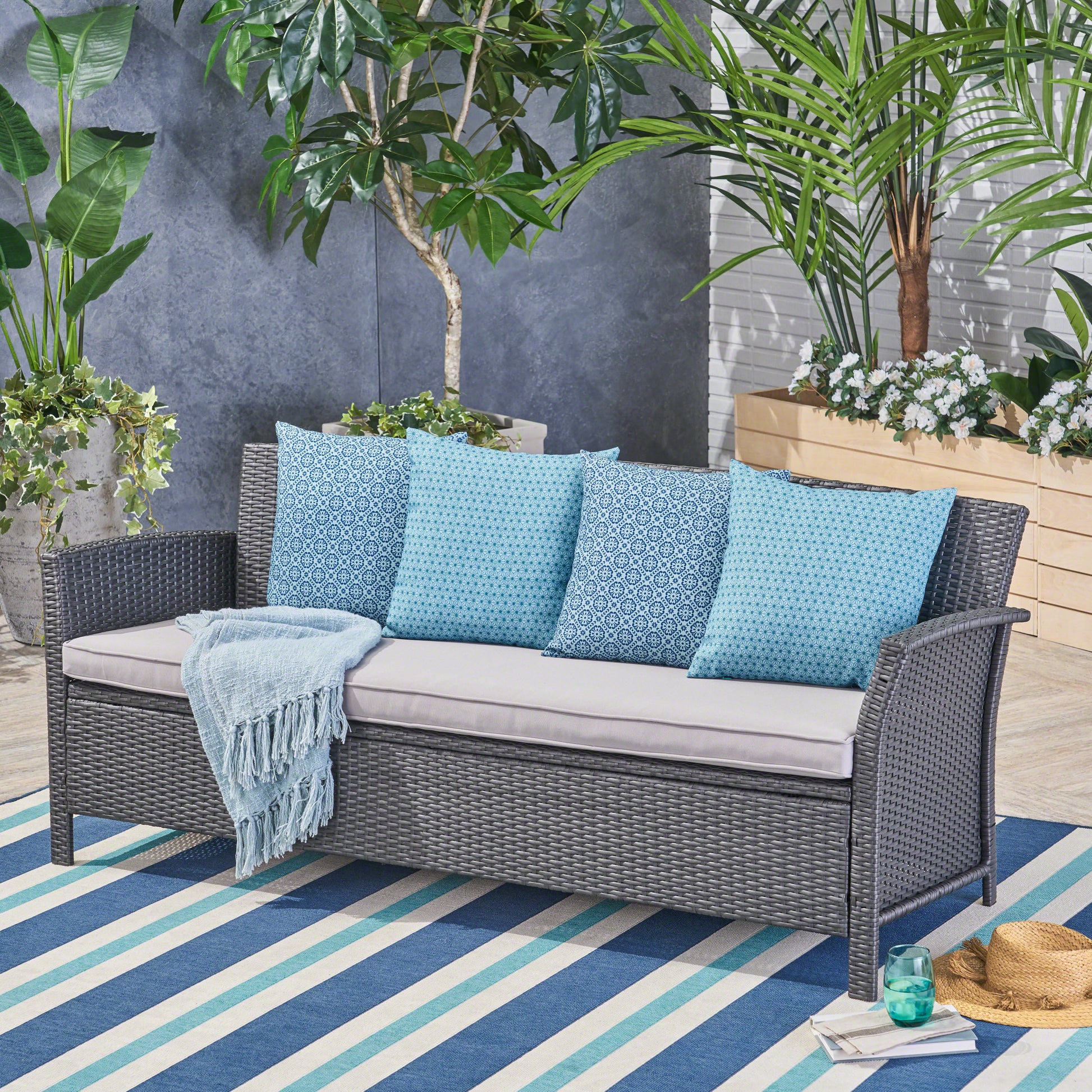 St Lucia 3 Seater Grey Pe Rattan Iron Waterproof Fabric