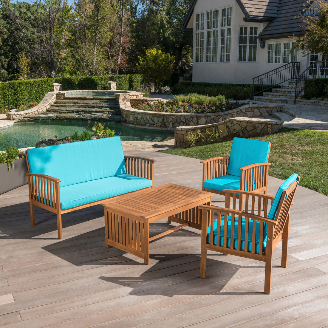 Outdoor Acacia Wood Sofa Set With Water Resistant Cushions, 4 Pcs Set, Brown Patina Teal Brown Teal Acacia Wood